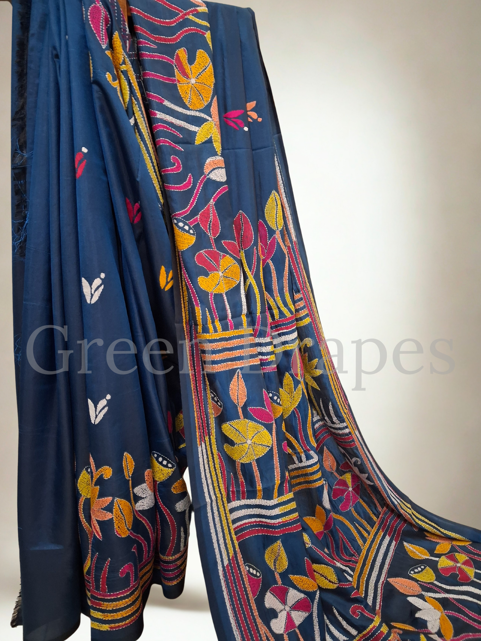 Kantha Style Lotus & Floral Embroidered Art Silk Saree — Deep Blue Base