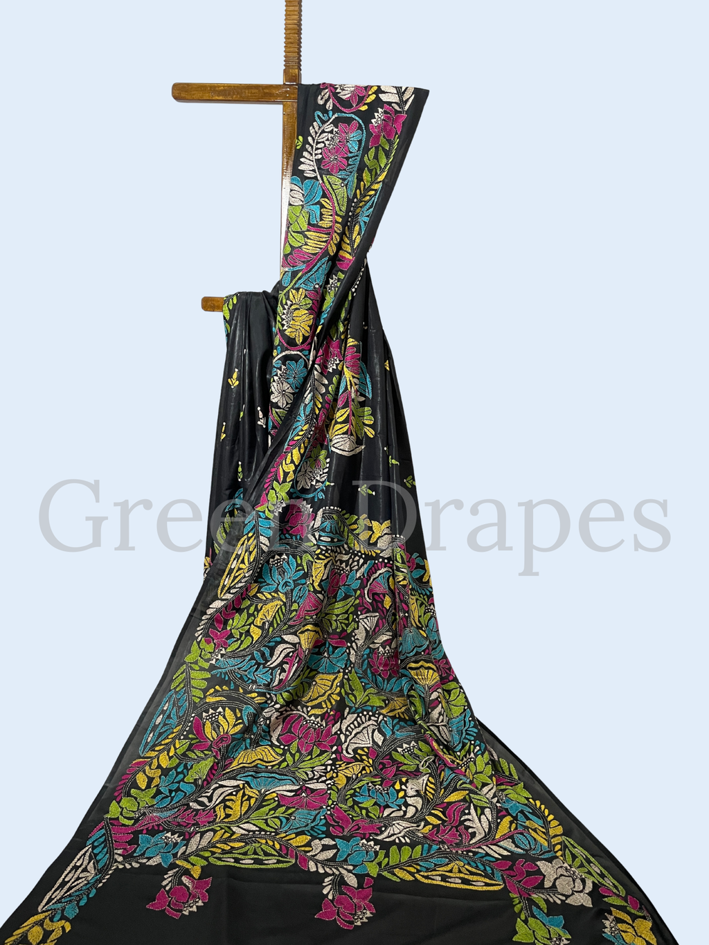 Handcrafted Black Kantha Stitch Silk Saree – Multicolour Floral Embroidery | Bengal Kantha Saree