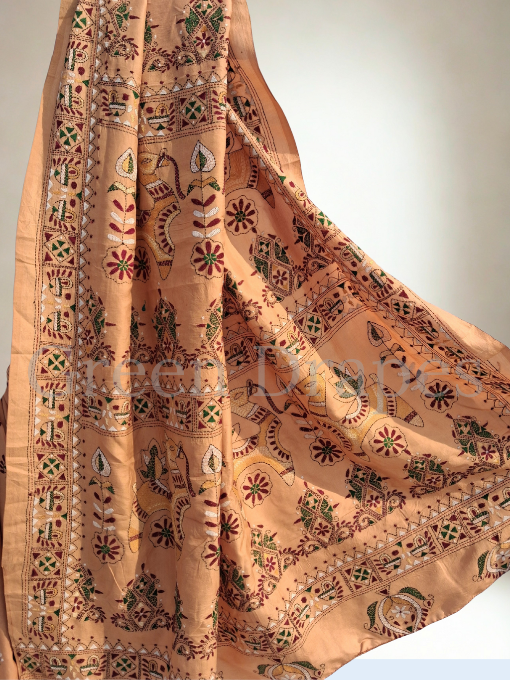 Pre-Loved Peach Kantha Hand-Embroidered Silk Saree
