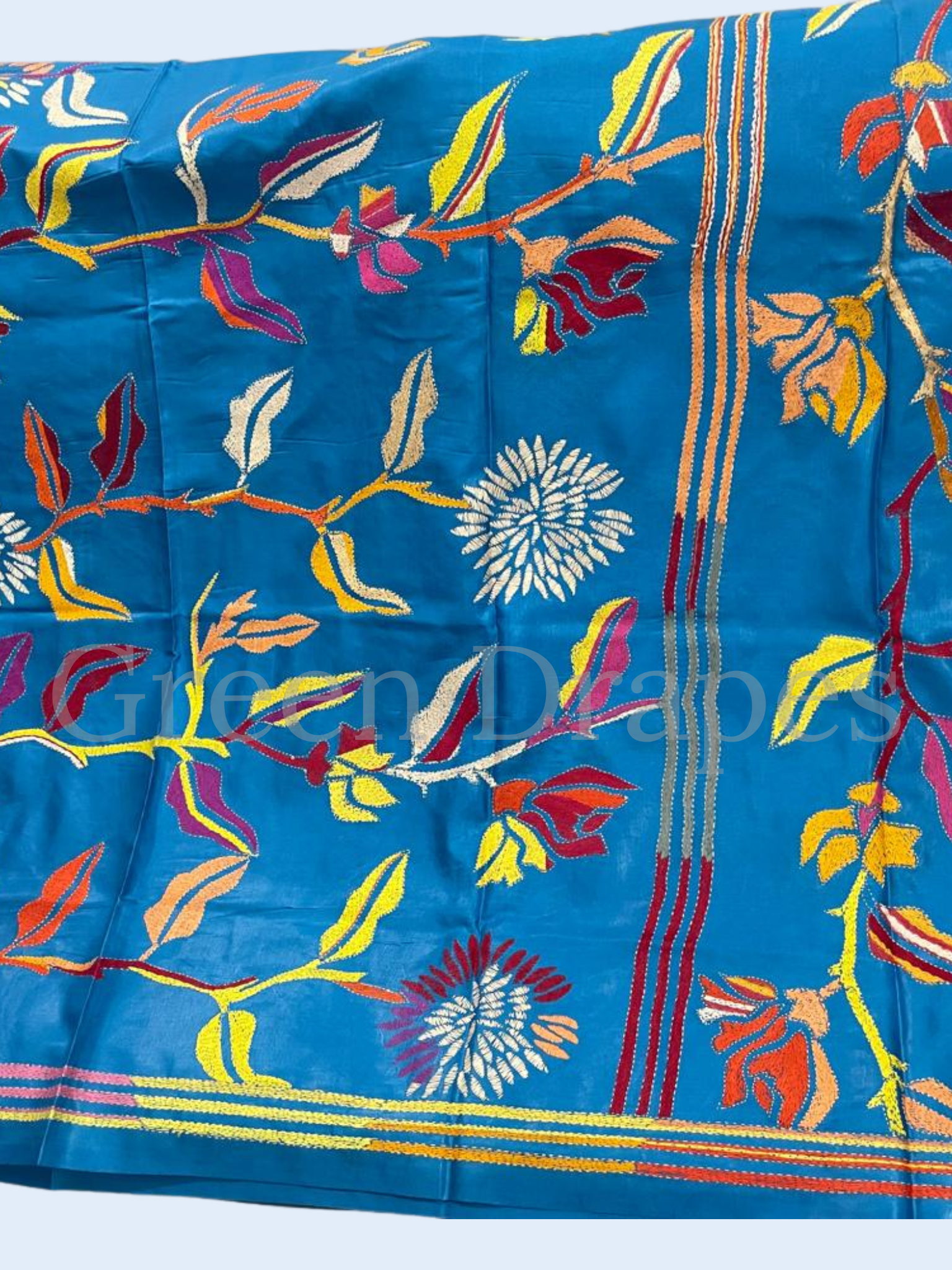 Hand Embroidered Royal Blue Kantha Stitch Silk Saree – Multicolour Floral Thread Work | Bengal Traditional Saree