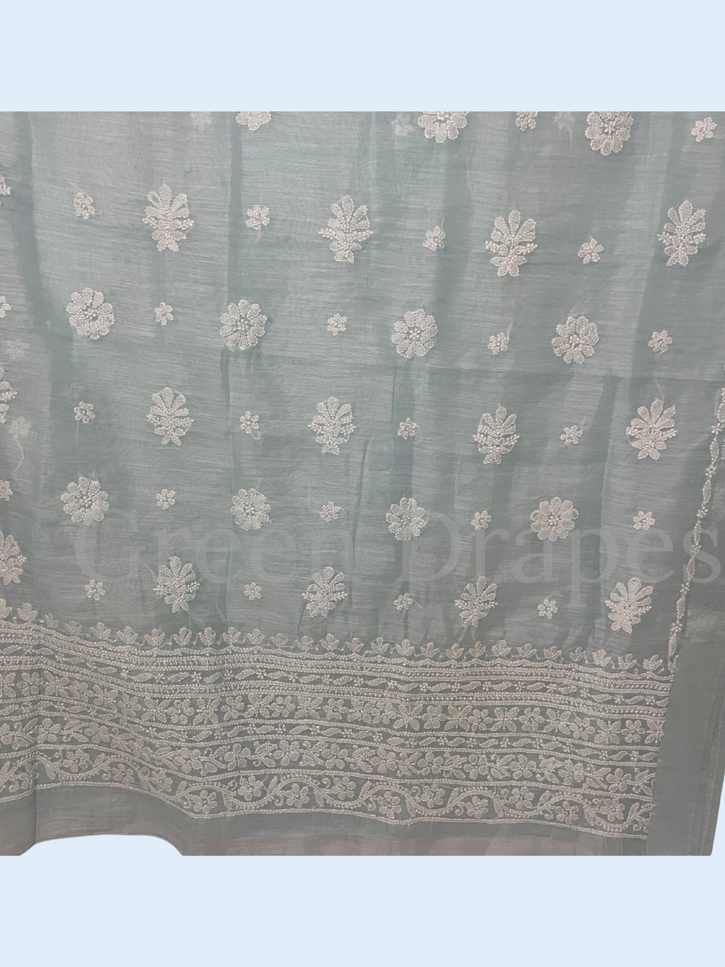 Handcrafted Ice Blue Chikankari Organza Saree – White Floral Buti & Border Embroidery | Lucknowi Chikan Saree
