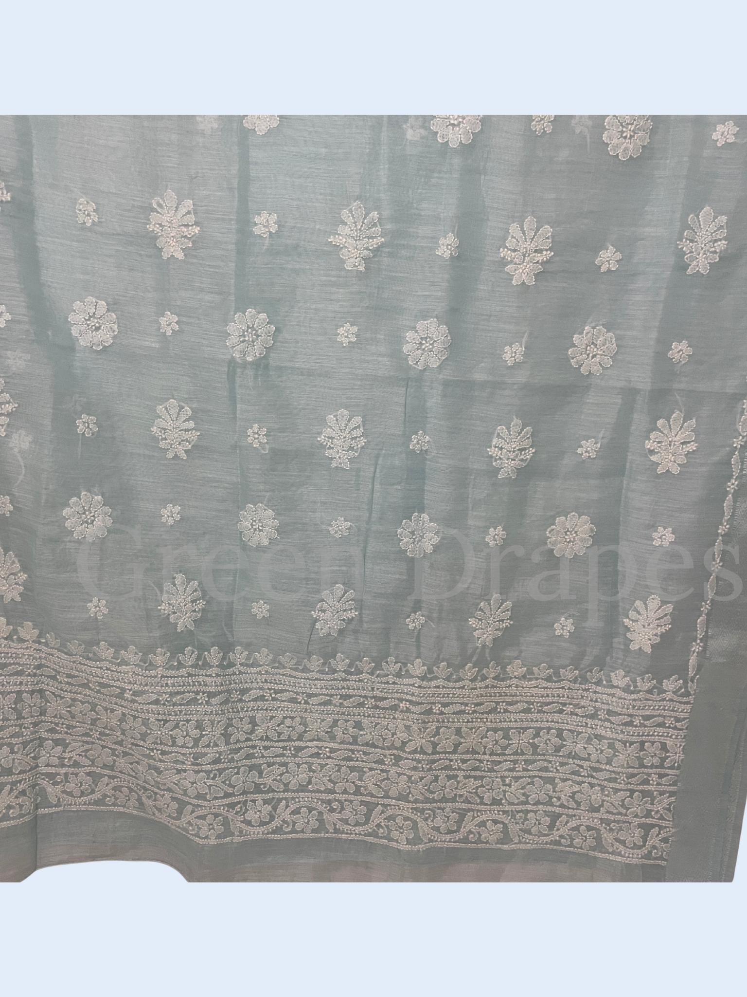 Handcrafted Ice Blue Chikankari Organza Saree – White Floral Buti & Border Embroidery | Lucknowi Chikan Saree