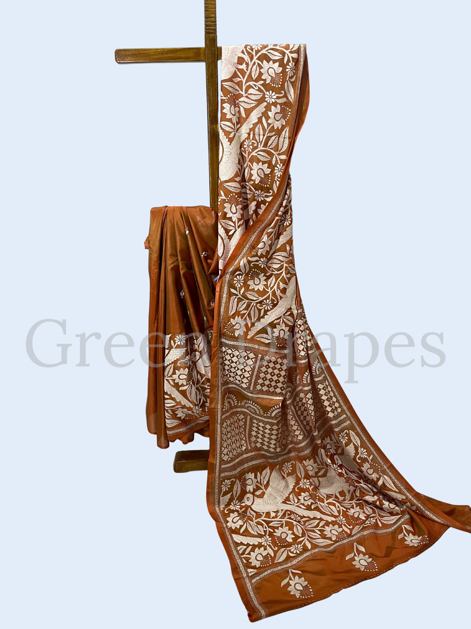 Hand Embroidered Rust Brown Kantha Stitch Silk Saree – Ivory Floral & Bird Thread Work | Bengal Heritage Saree