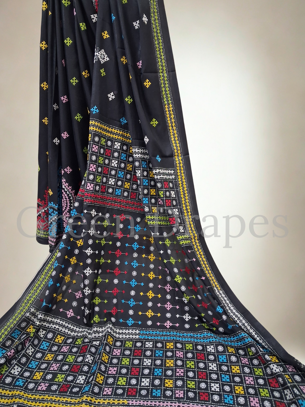 Gujarati Embroidered Blended Bangalore Silk Saree — Black Multicolour