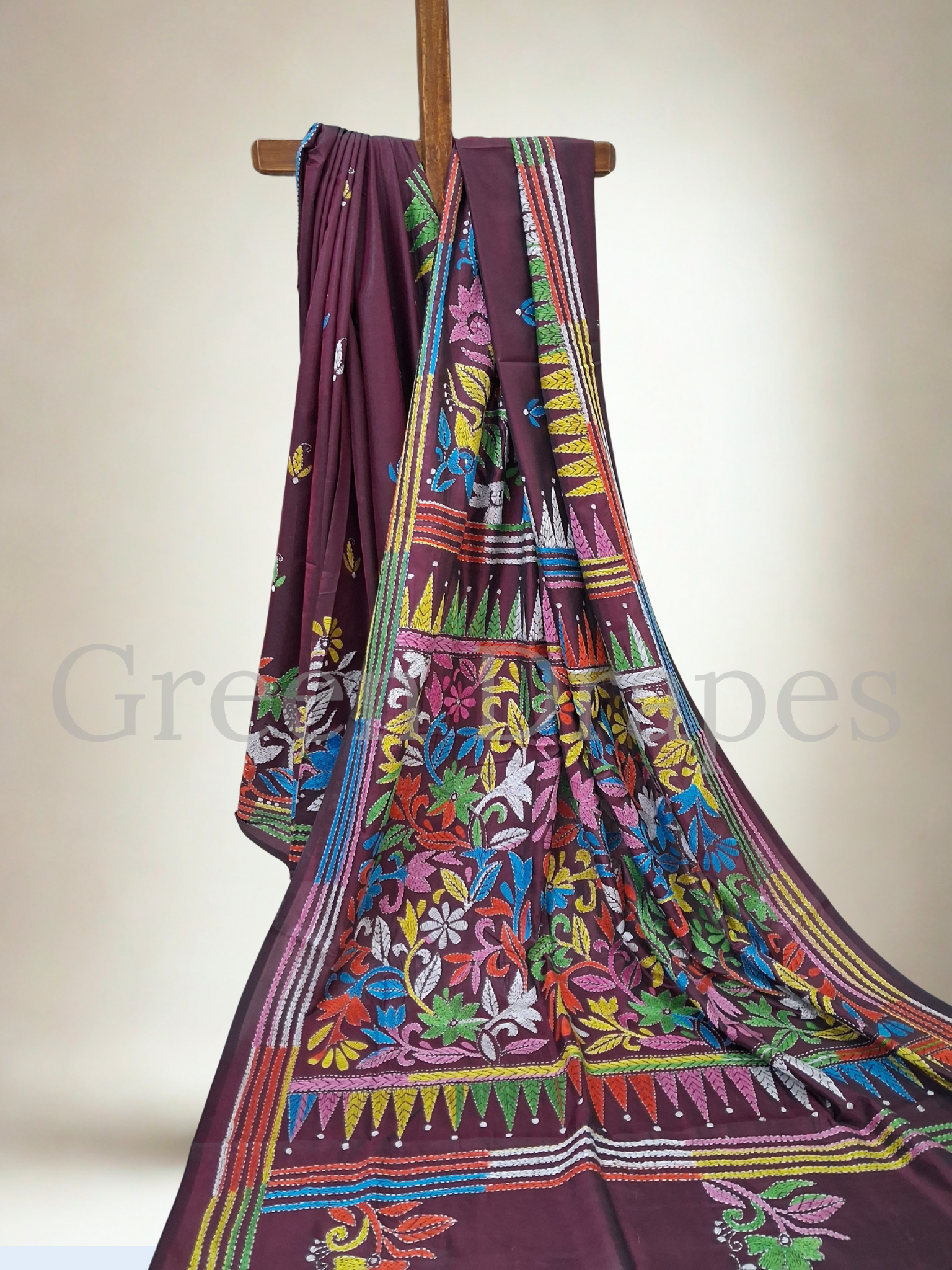 Handcrafted Kantha Saree with Multicolour Floral Embroidery — Wine / Plum Base