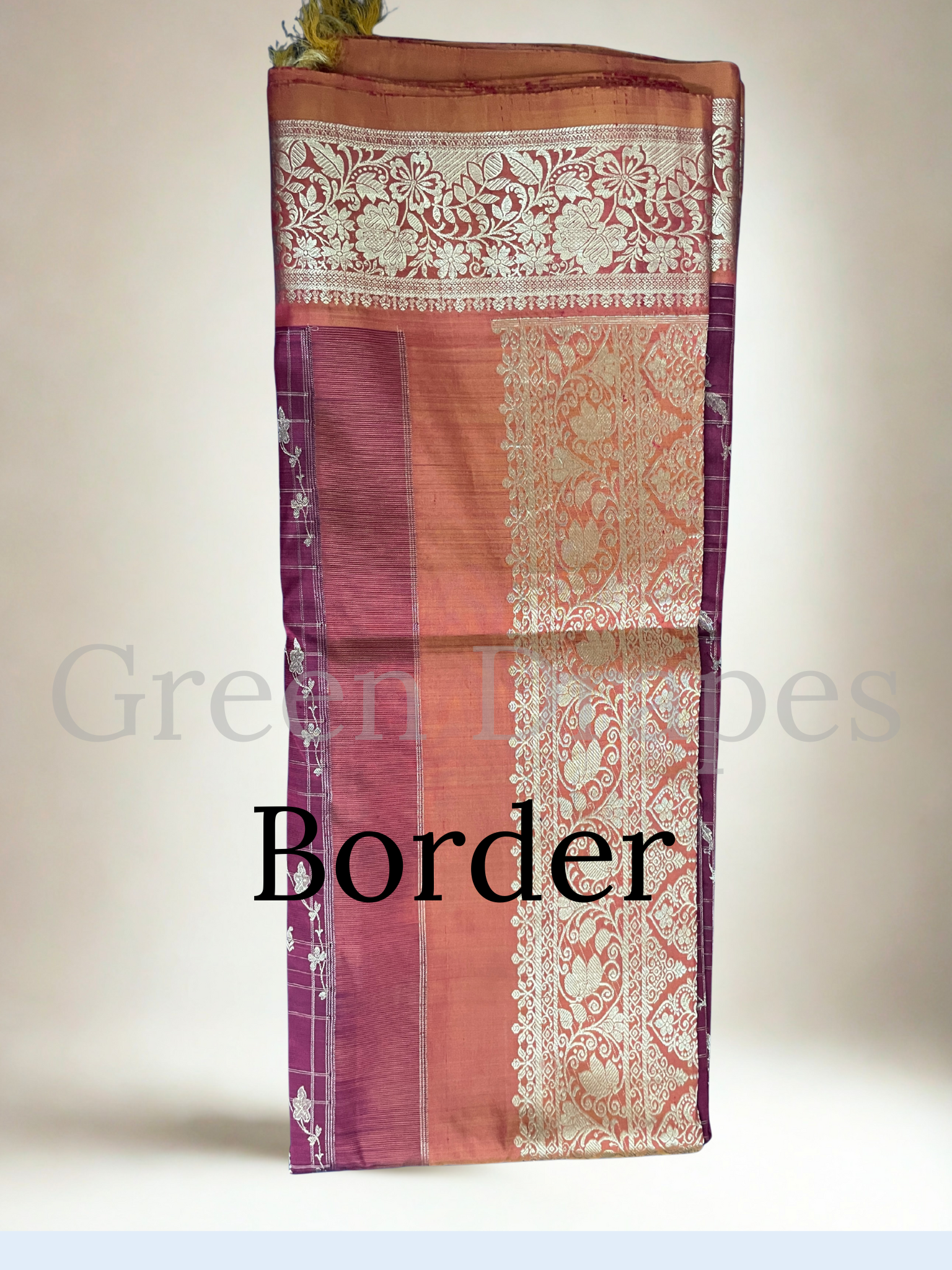 Pre-Loved Silk Saree — Maroon Checked Body with Floral Zari Motifs &amp; Burnt Orange Border | Grand Gold Zari Pallu