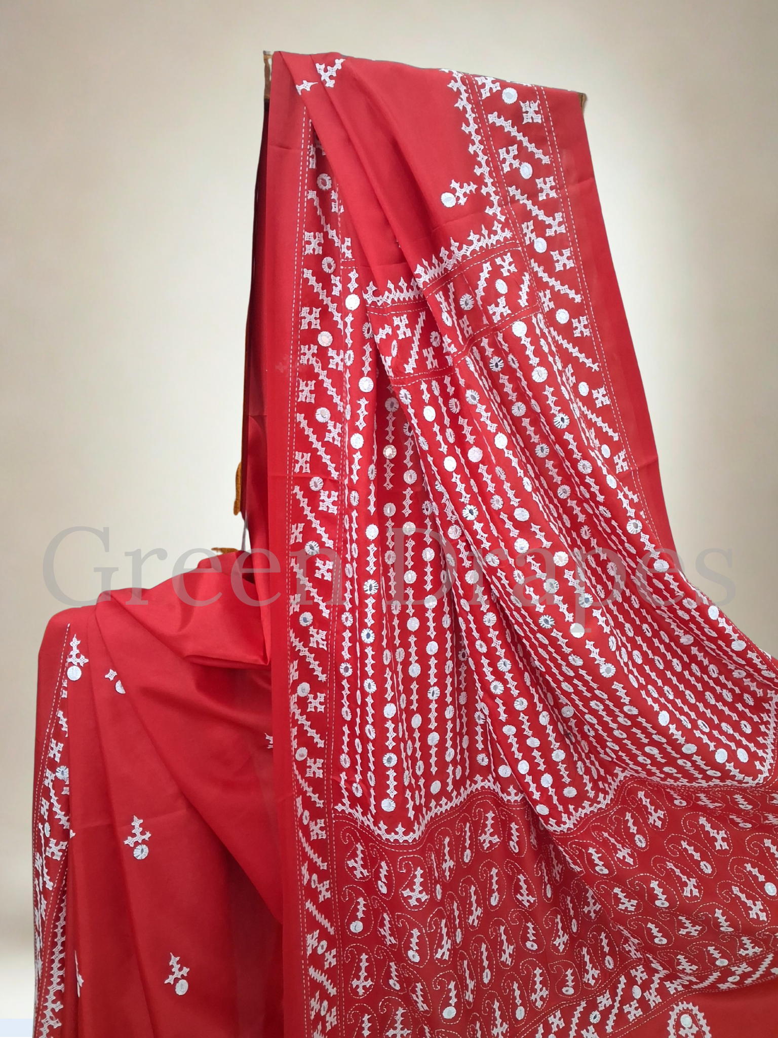 Gujarati Embroidered Art Silk Saree with Mirror Work — Red & White