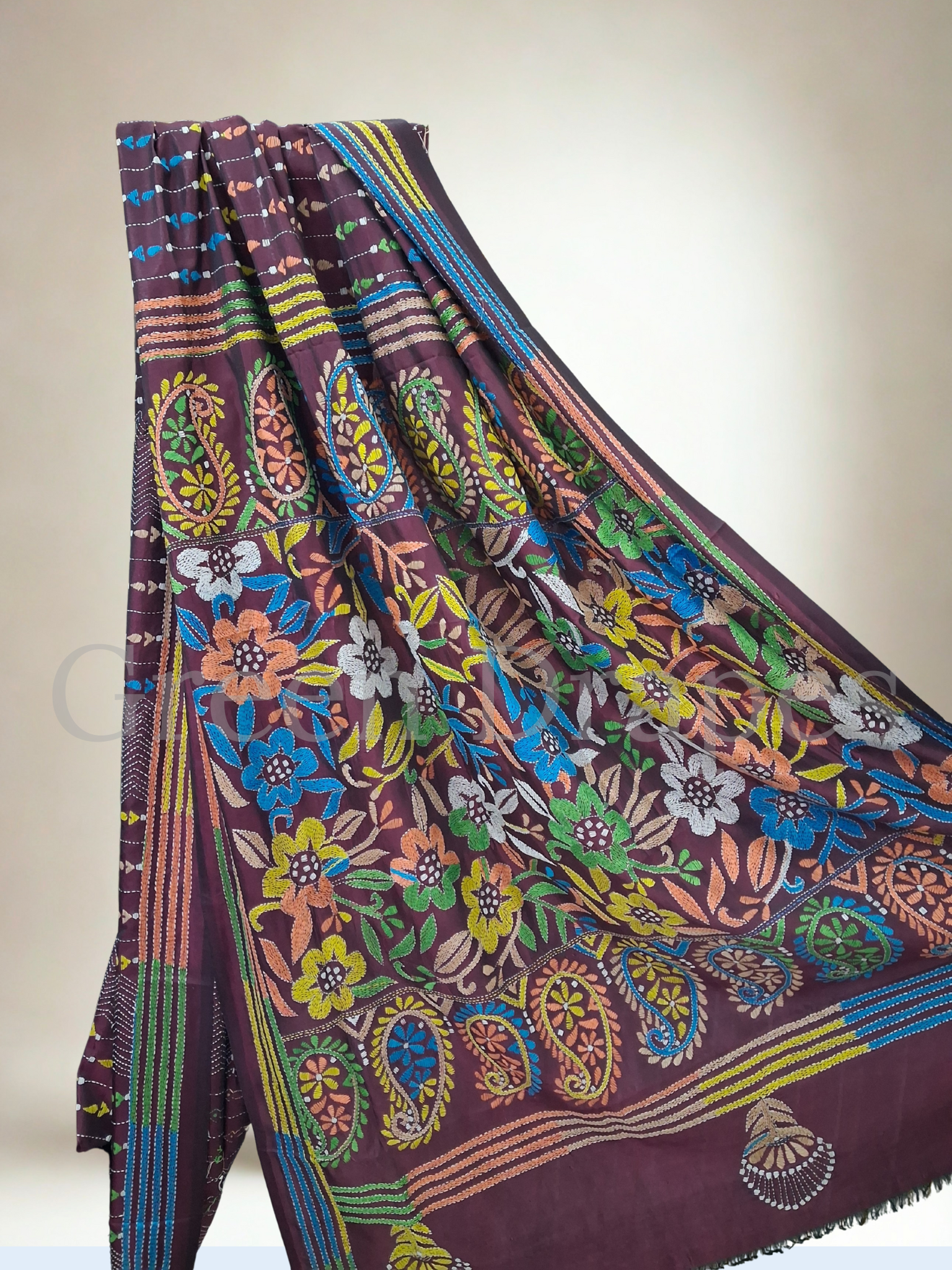 Hand-Embroidered Kantha Saree — Wine / Plum Base