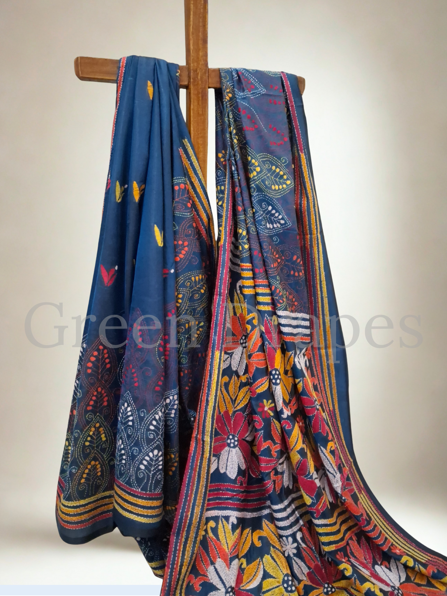 Kantha Style Floral Embroidered Art Silk Saree — Deep Blue Base