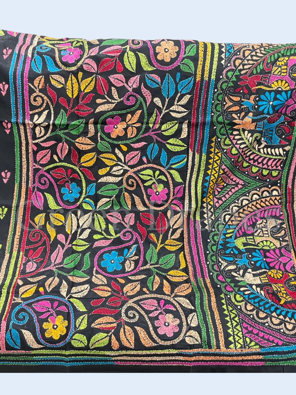 Hand Embroidered Black Kantha Stitch Silk Saree – Multicolour Folk & Floral Thread Work | Bengal Heritage Saree