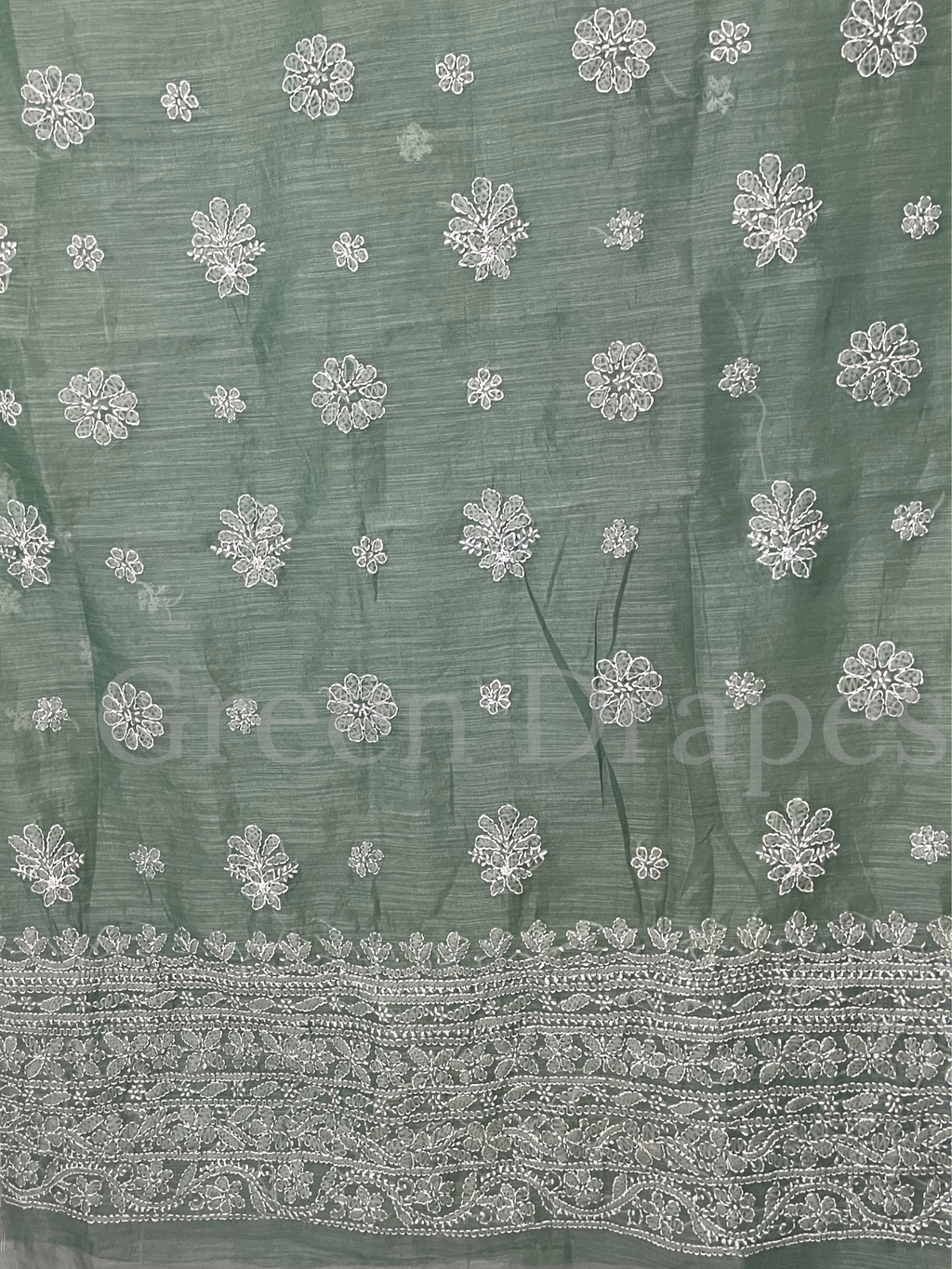 Handcrafted Sage Green Chikankari Organza Saree – White Floral Buti & Heavy Embroidered Border | Lucknowi Chikan Saree
