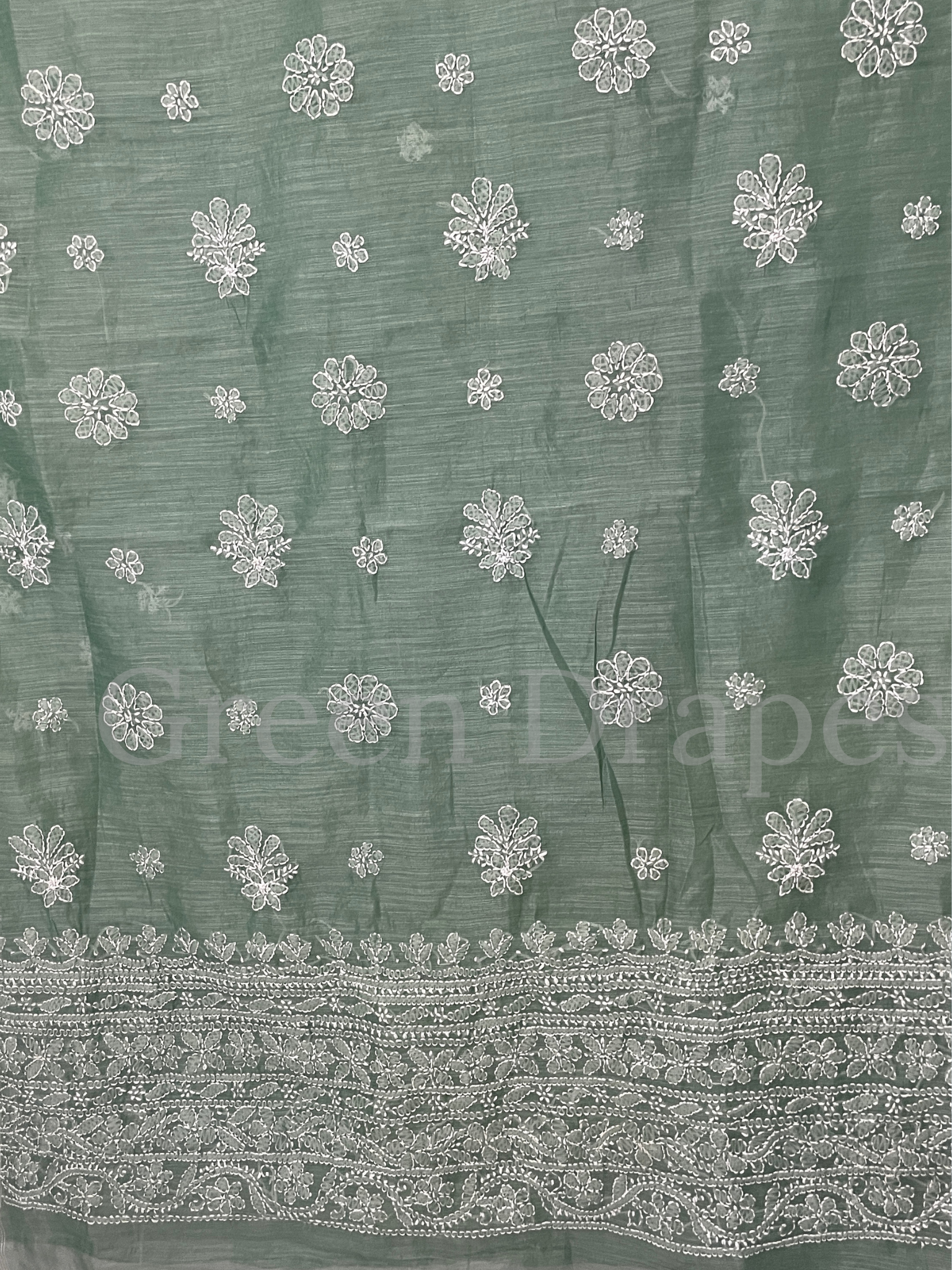 Handcrafted Sage Green Chikankari Organza Saree – White Floral Buti & Heavy Embroidered Border | Lucknowi Chikan Saree