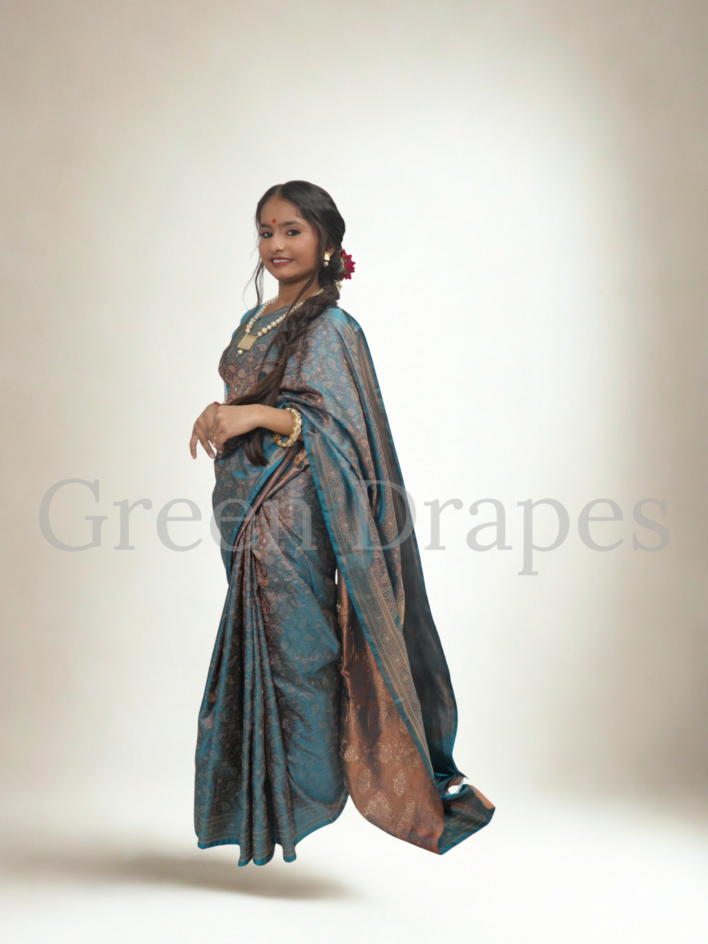 Pre-Loved Silk Saree — Teal Blue & Antique Bronze All-Over Paisley Jaal with Ornate Pallu