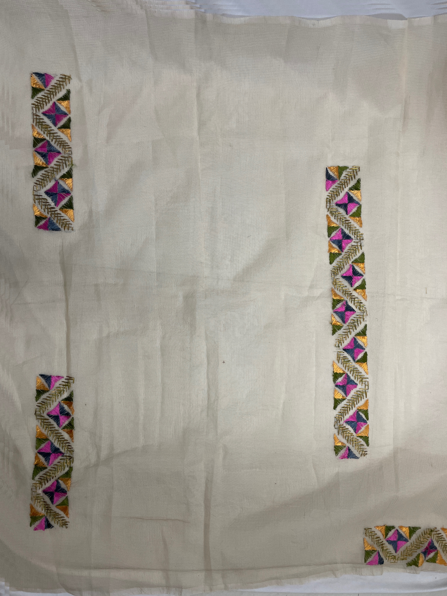 Cream Kota Doria Saree with Olive Green, Pink, Yellow & Mehendi Green Phulkari Embroidery