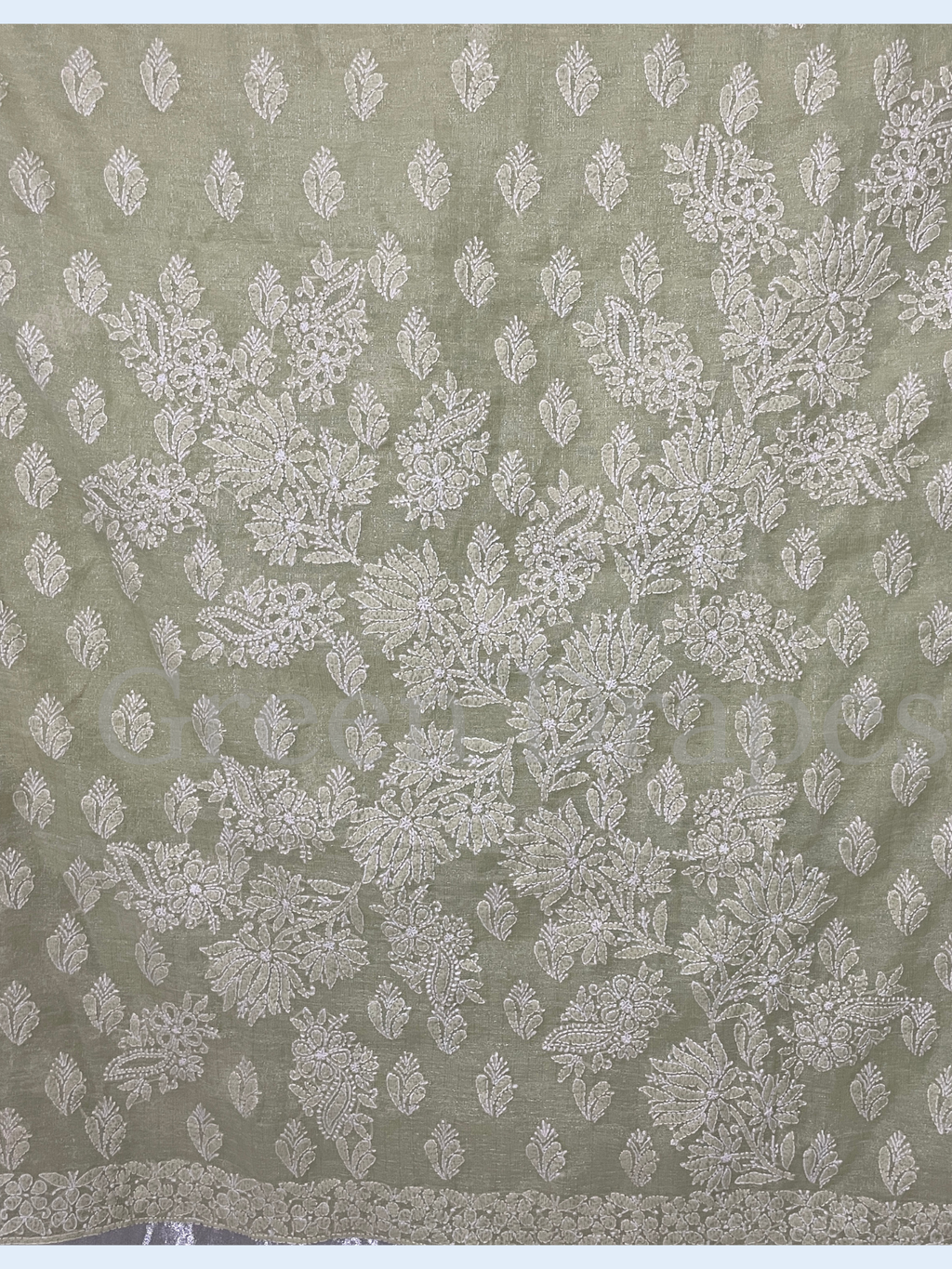 Handcrafted Sage Green Chikankari Organza Saree – White Floral Jaal Embroidery | Lucknowi Chikan Saree