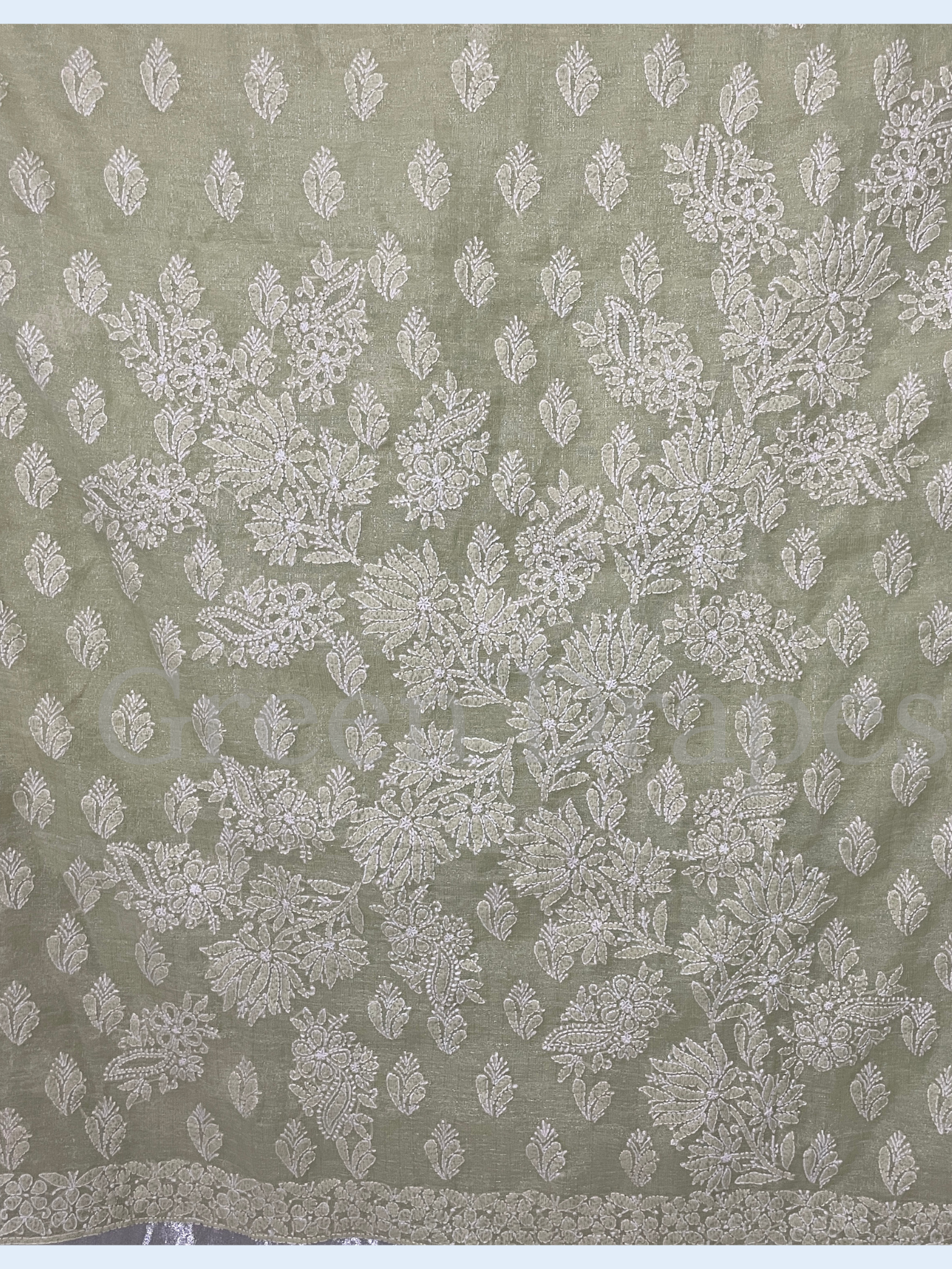 Handcrafted Sage Green Chikankari Organza Saree – White Floral Jaal Embroidery | Lucknowi Chikan Saree
