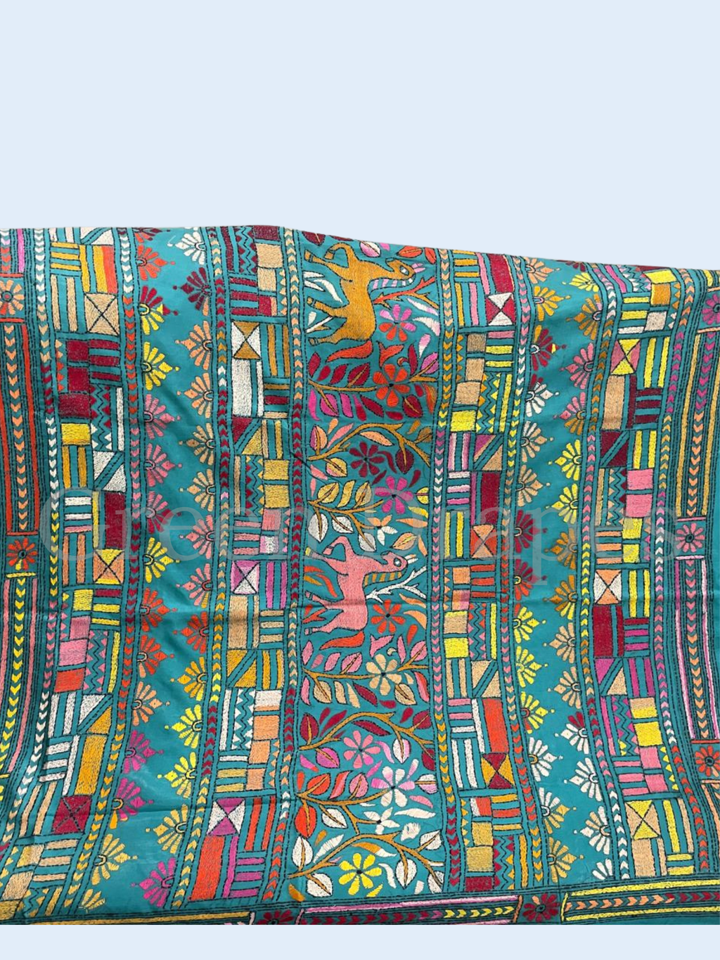 Handcrafted Turquoise Kantha Stitch Silk Saree – Multicolour Folk Art Embroidery | Bengal Heritage Saree