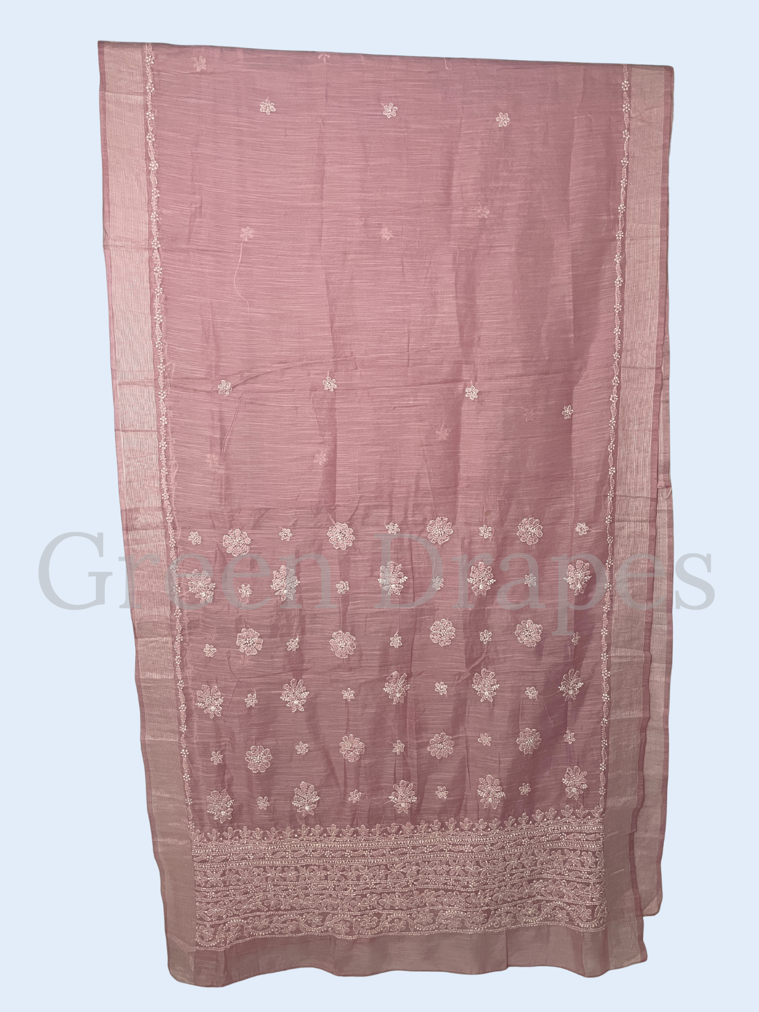 Handcrafted Mauve Pink Chikankari Organza Saree – White Floral Buti & Heavy Embroidered Border | Lucknowi Chikan Saree