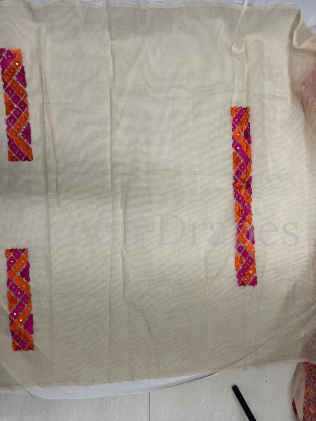 Ivory Kota Doria Saree with Pink–Orange Phulkari Embroidery | Festive & Wedding Wear