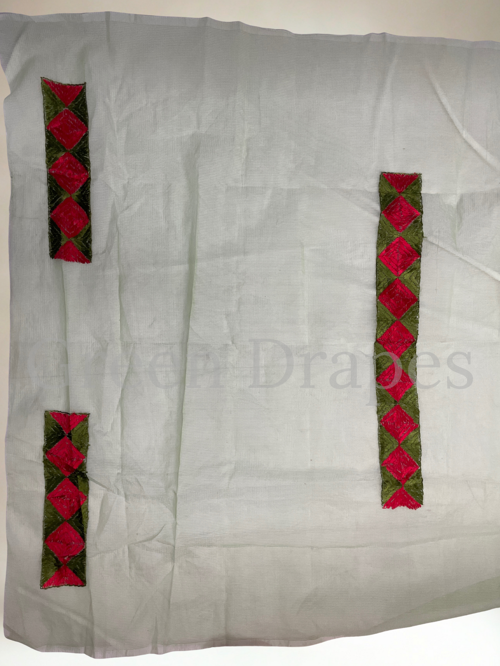 Green Kota Doria Saree with Red and Green Phulkari Geometric Work | Lightweight Festive Wear