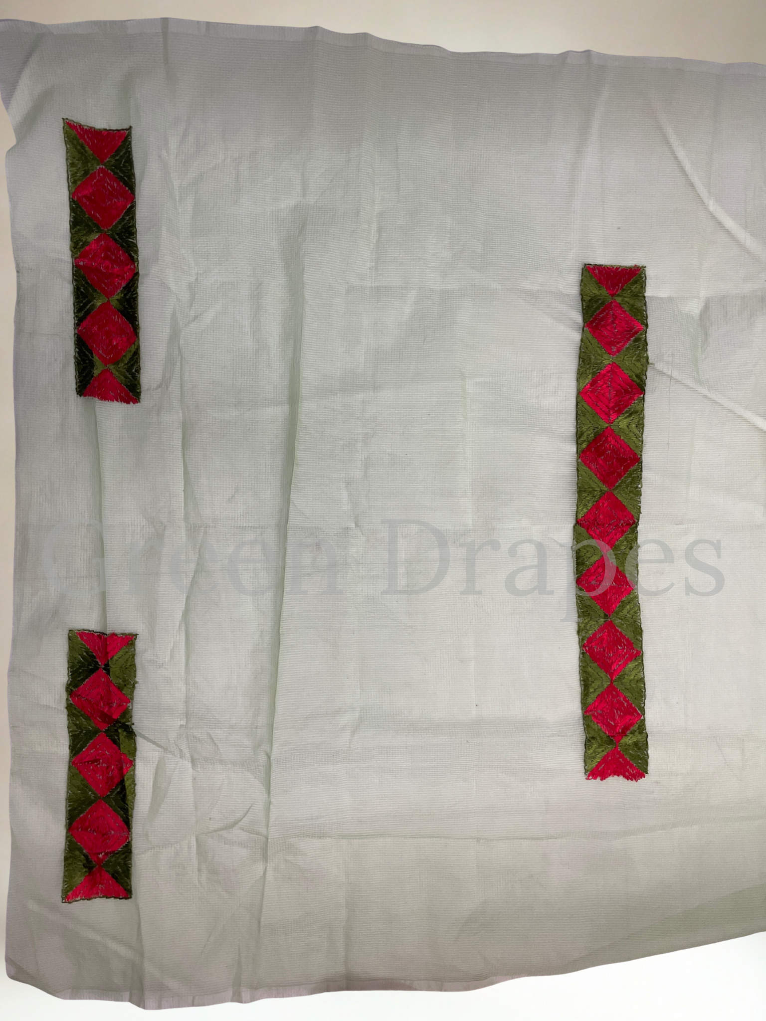 Green Kota Doria Saree with Red and Green Phulkari Geometric Work | Lightweight Festive Wear