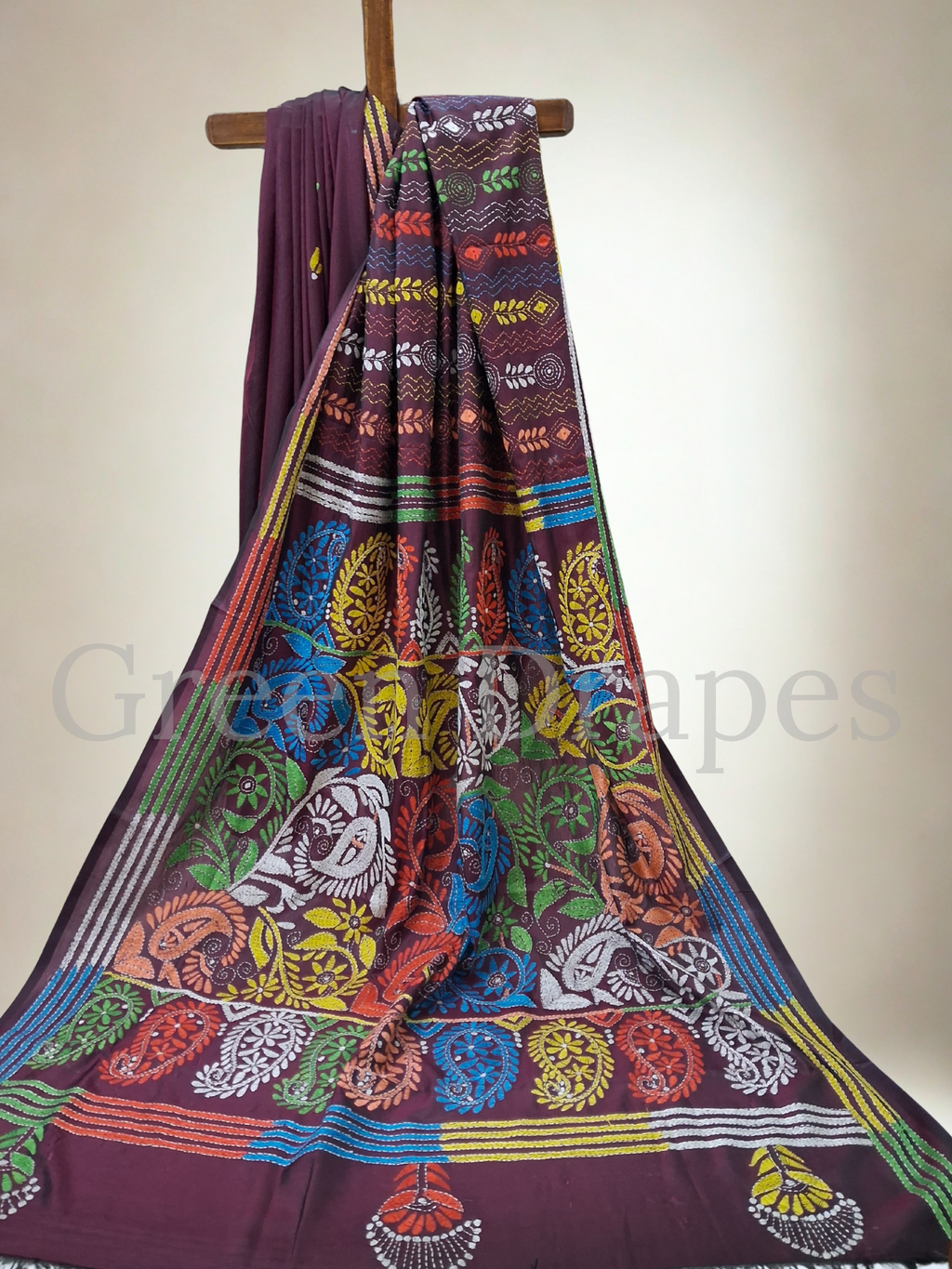 Handcrafted Kantha Saree – Deep Wine Base with Multicolour Embroidery