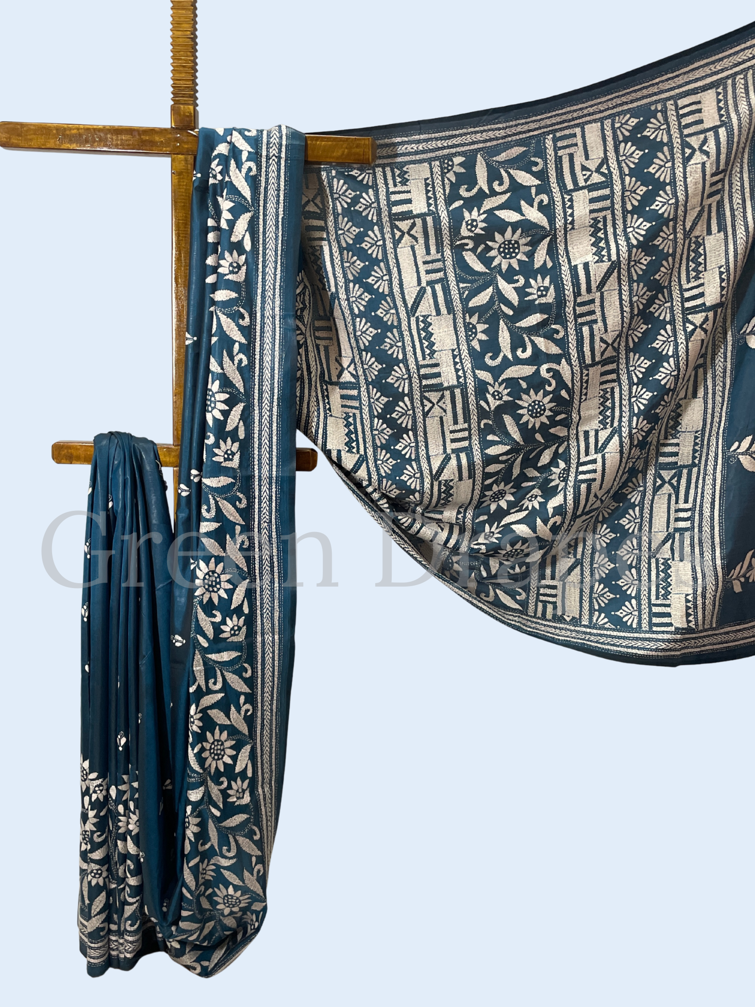 Hand Embroidered Teal Blue Kantha Stitch Silk Saree – Bengal Traditional Thread Work | Floral & Geometric Motifs