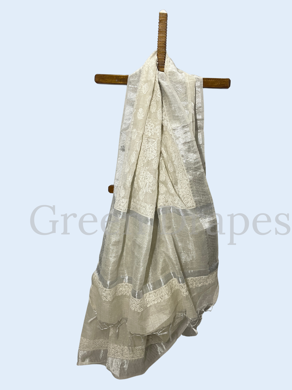Handcrafted Ivory Chikankari Organza Saree – White Thread Work & Woven Border | Lucknowi Chikan Saree