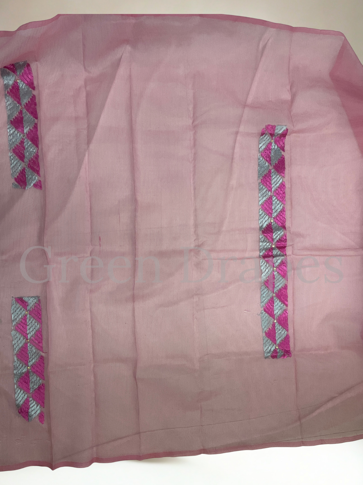 Pink Kota Doria Saree with Pink-Silver Phulkari Embroidery | Lightweight Festive Wear