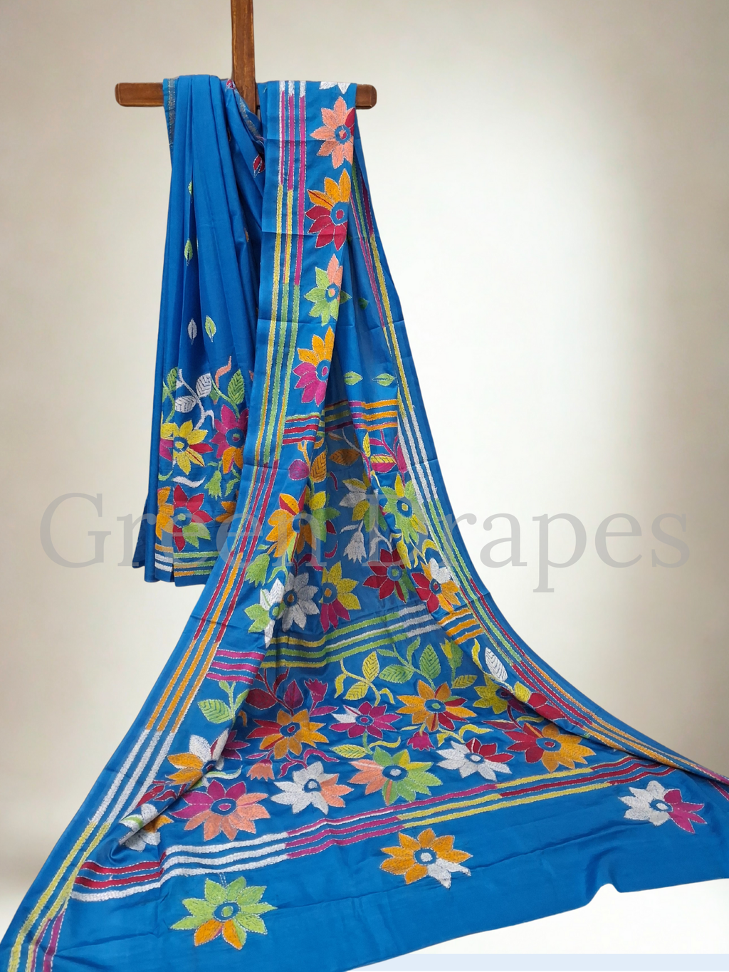 Kantha Style Multicolour Floral Embroidered Art Silk Saree — Turquoise Blue