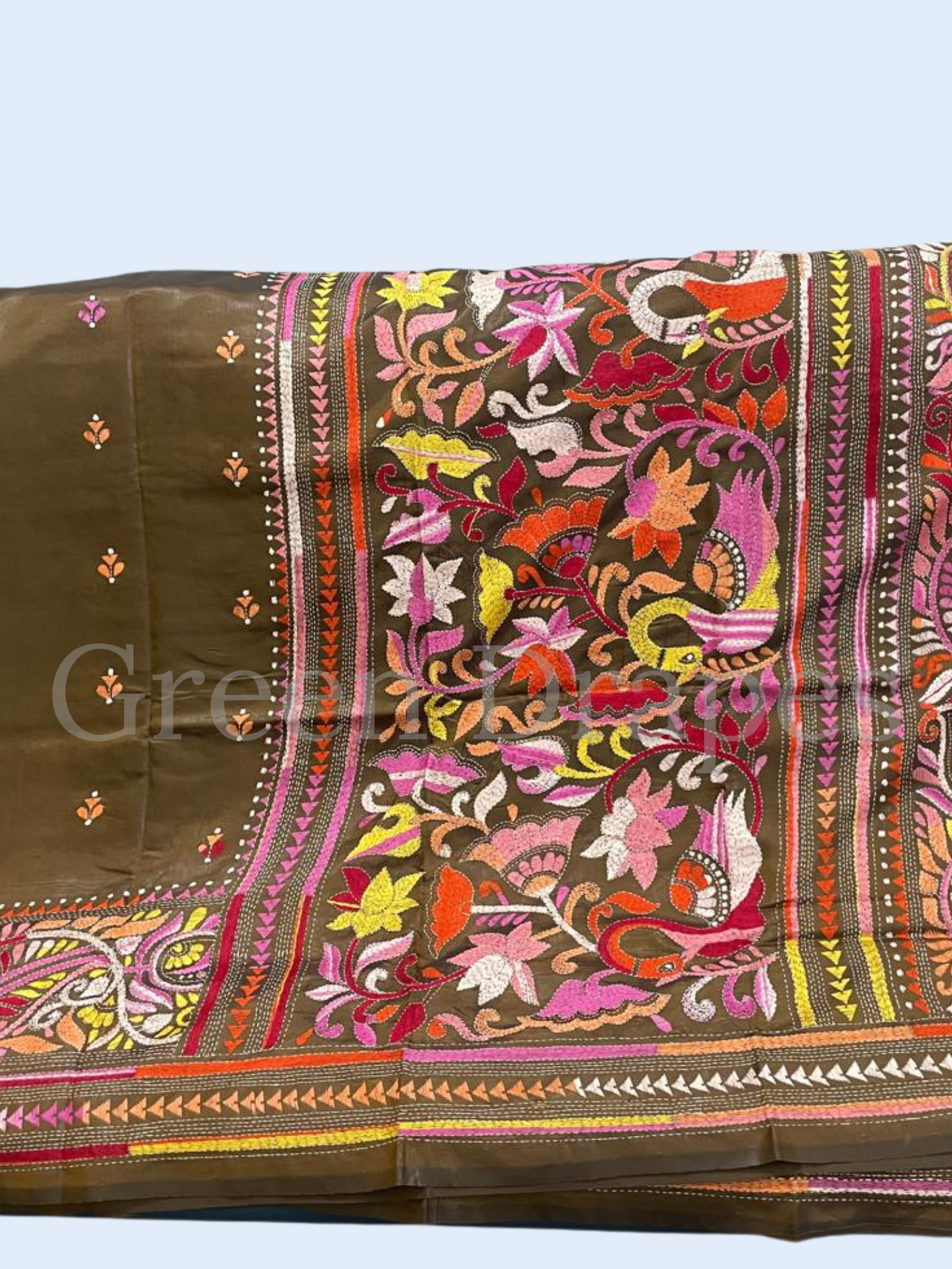 Hand Embroidered Olive Green Kantha Stitch Silk Saree – Multicolour Floral & Paisley Thread Work | Bengal Heritage Saree