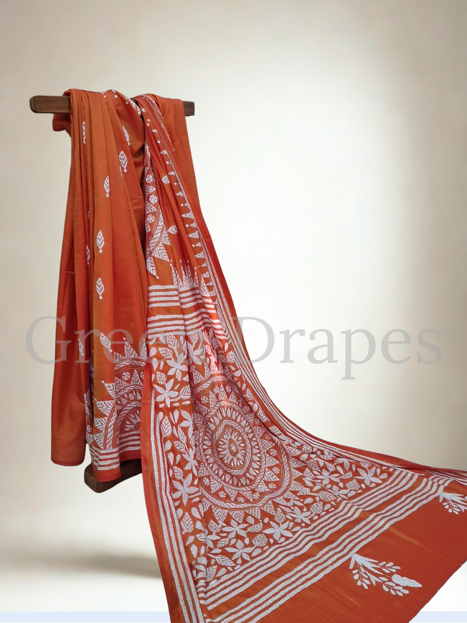 Kantha White Thread Embroidered Art Silk Saree — Rust Orange Base