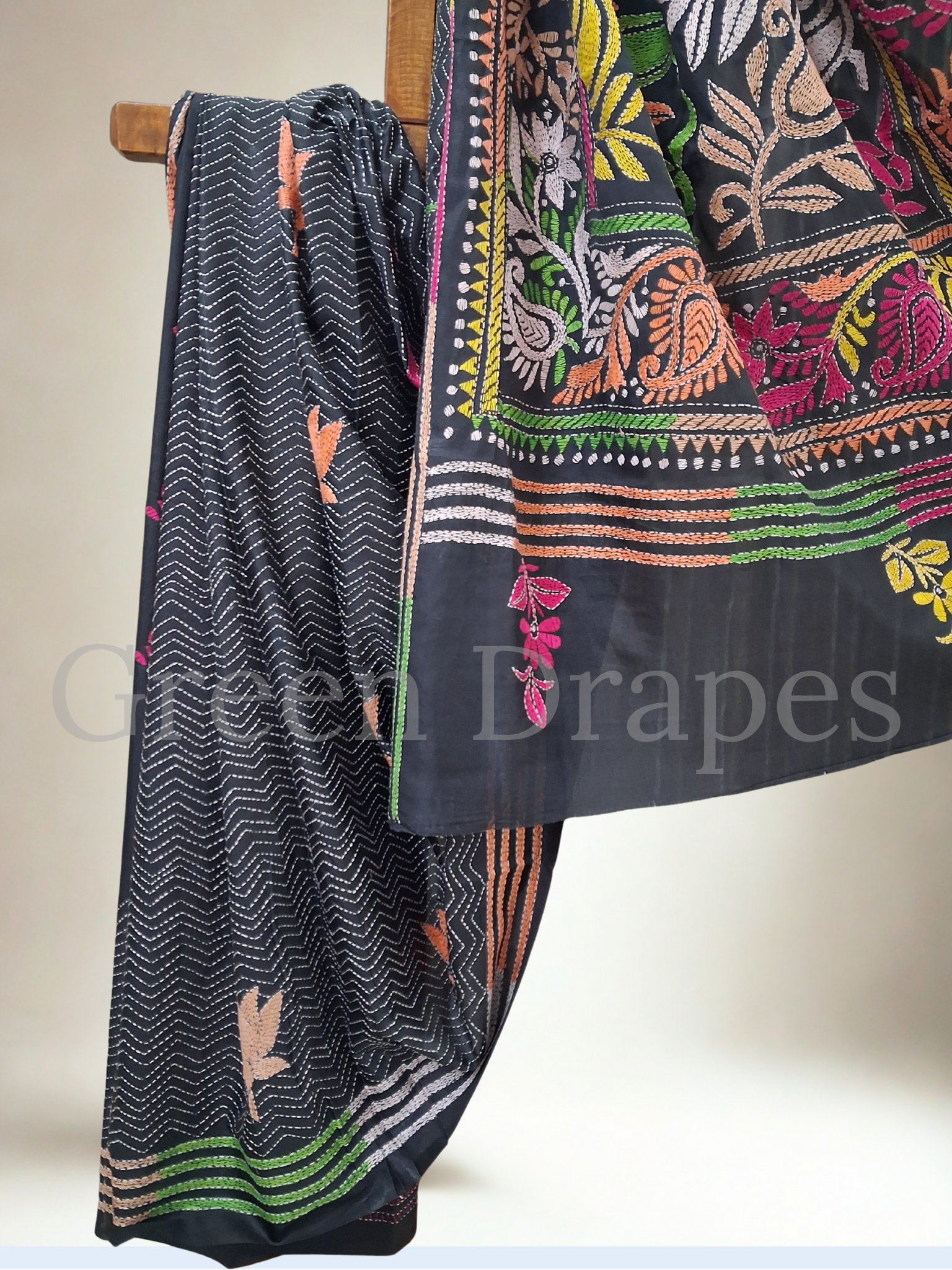 Kantha Style Floral Embroidered Art Silk Saree — Black Base