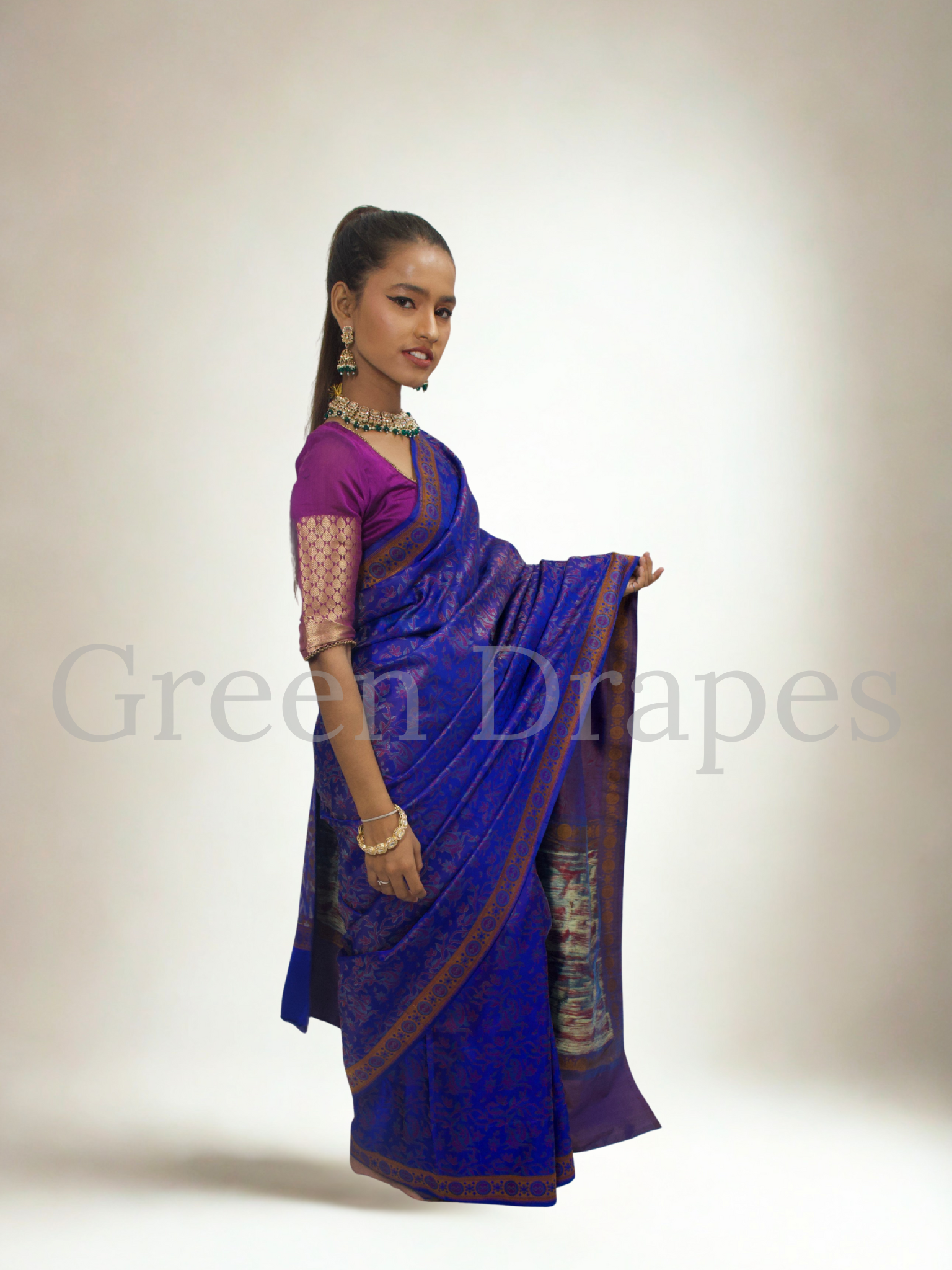 Pre-Loved Silk Saree — Royal Blue All-Over Woven Jaal with Contrast Antique Gold & Rust Border