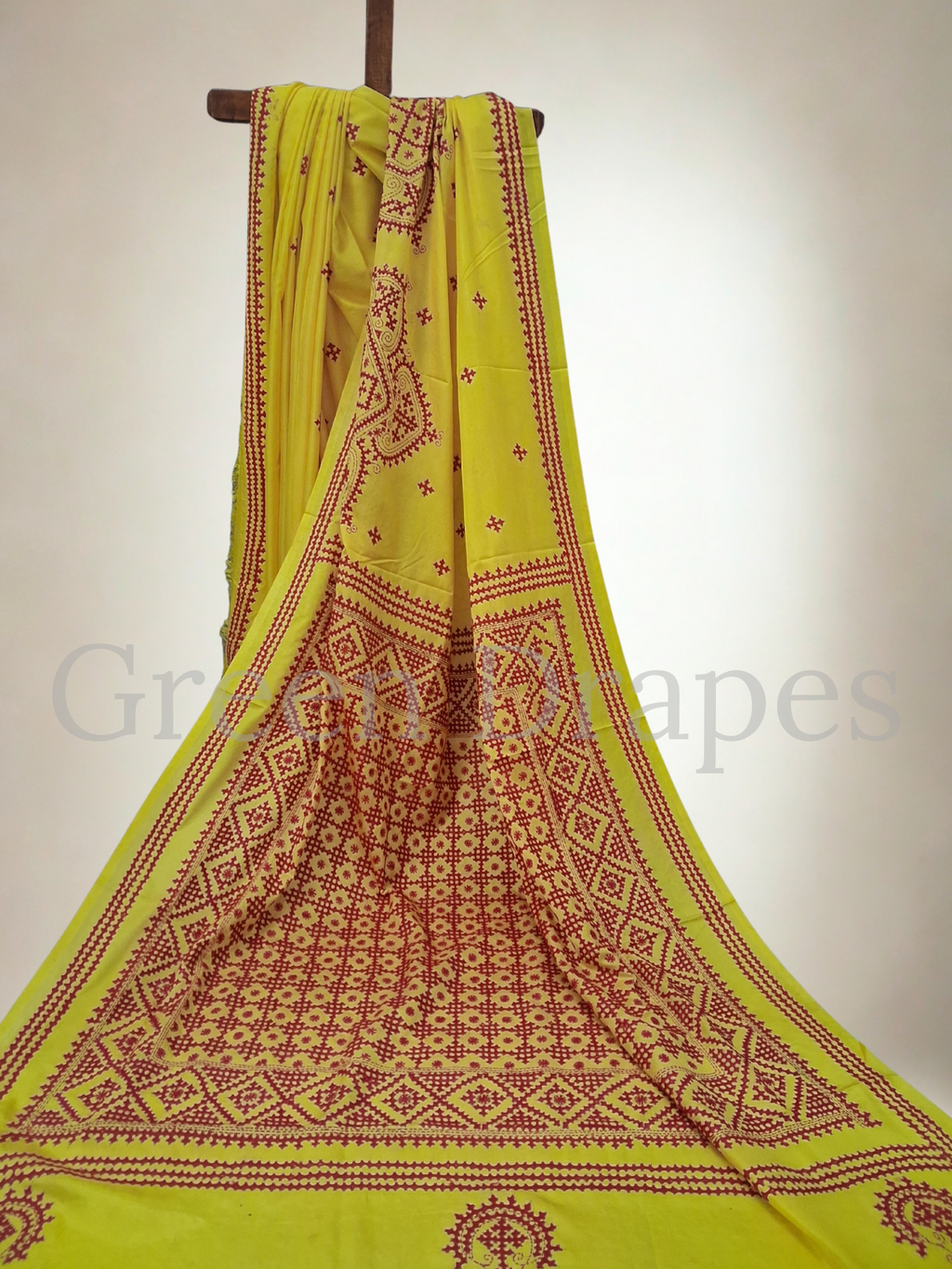 Gujarati Embroidered Blended Bangalore Silk Saree — Yellow & Red