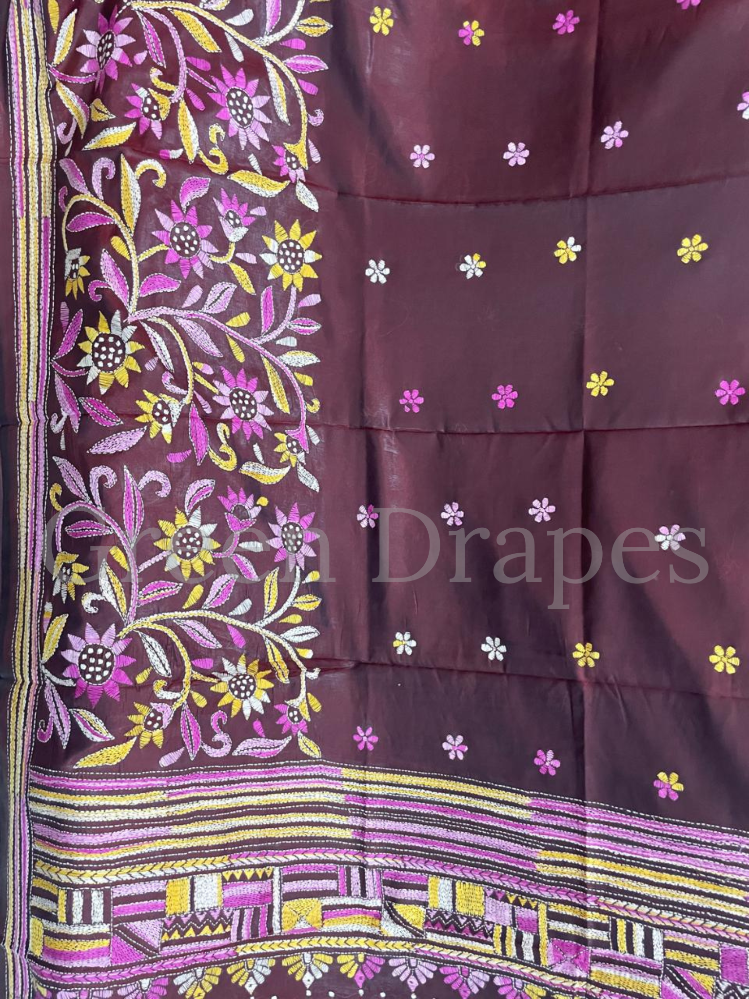 Hand Embroidered Maroon Kantha Stitch Silk Saree – Multicolour Floral & Geometric Thread Work | Bengal Heritage Saree