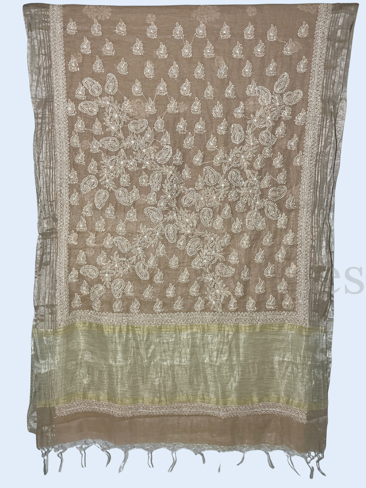 Handcrafted Taupe Brown Chikankari Organza Saree – White Paisley & Floral Jaal Embroidery | Lucknowi Chikan Saree