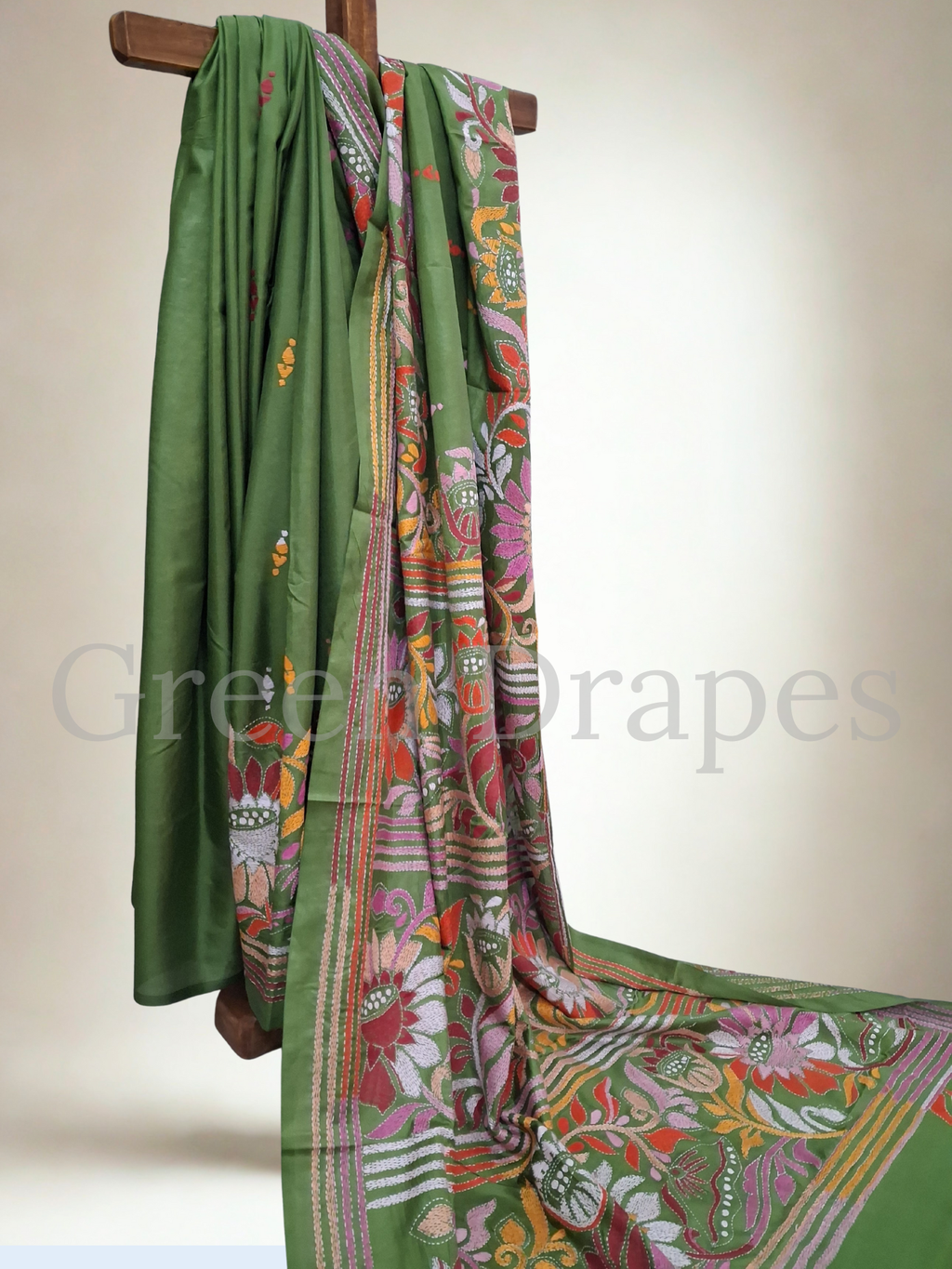 Kantha Style Multicolour Floral Embroidered Art Silk Saree — Olive Green Base