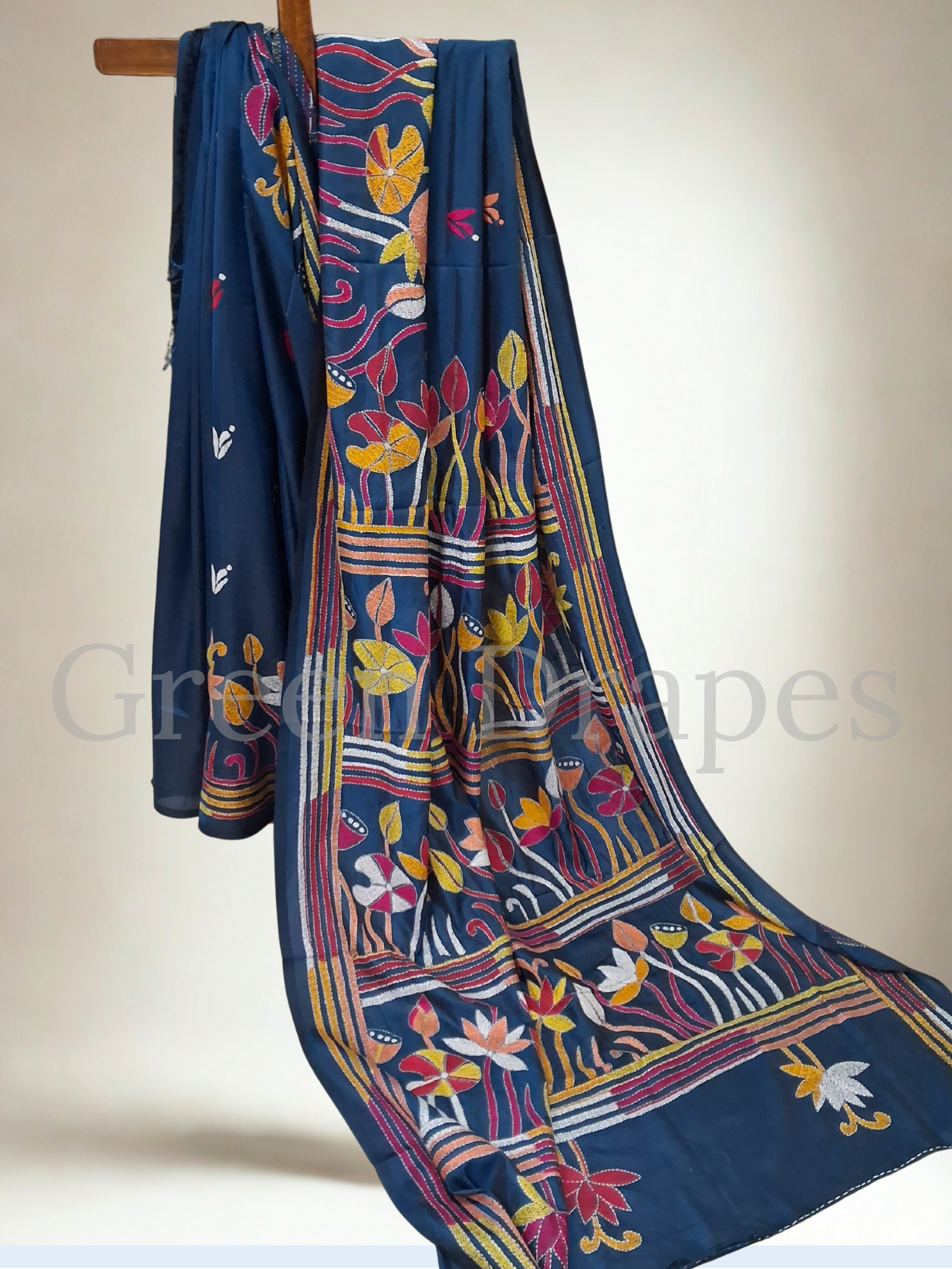 Kantha Style Lotus & Floral Embroidered Art Silk Saree — Deep Blue Base