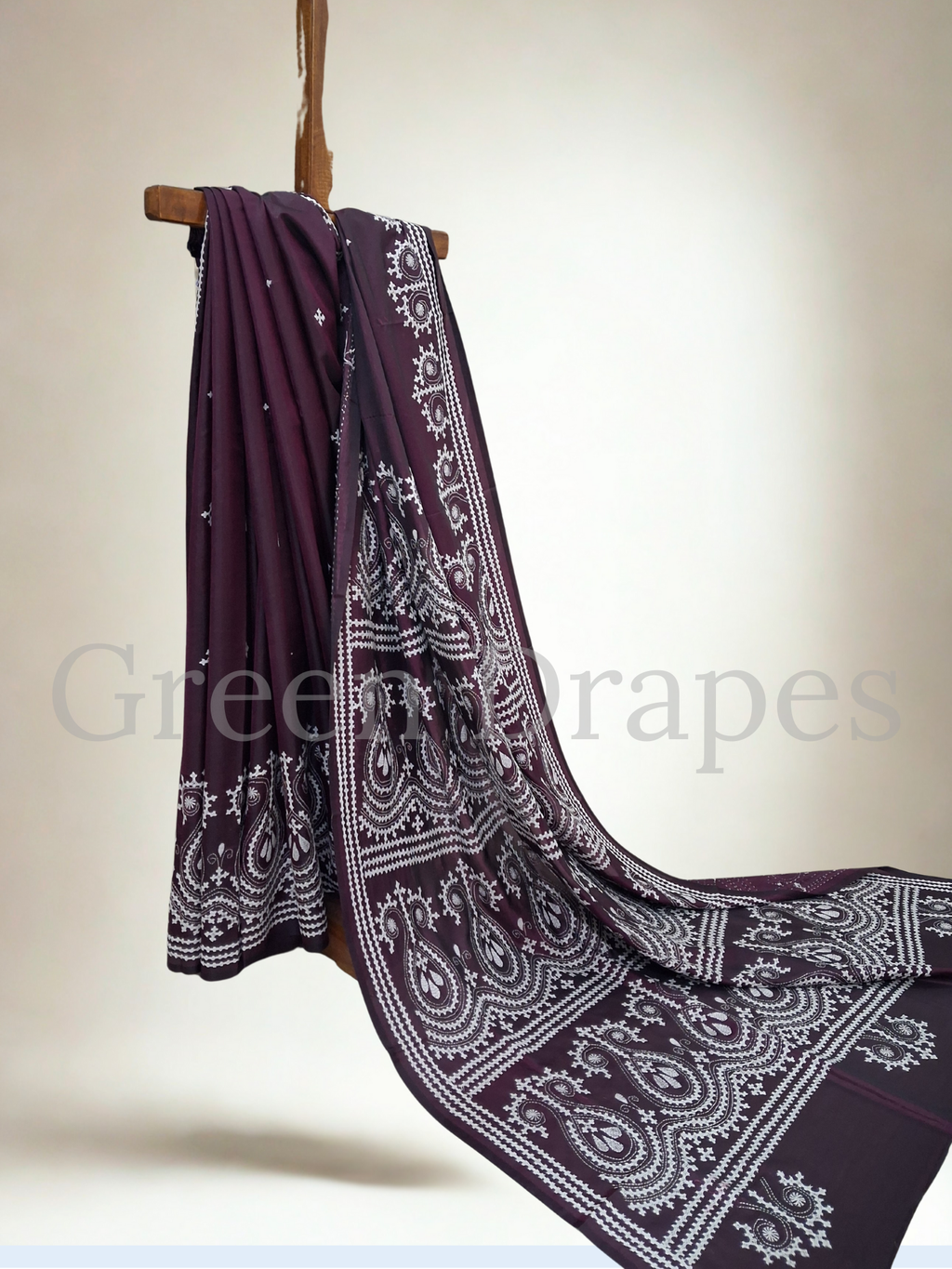 Gujarati Embroidered Blended Bangalore Silk Saree — Deep Wine Purple