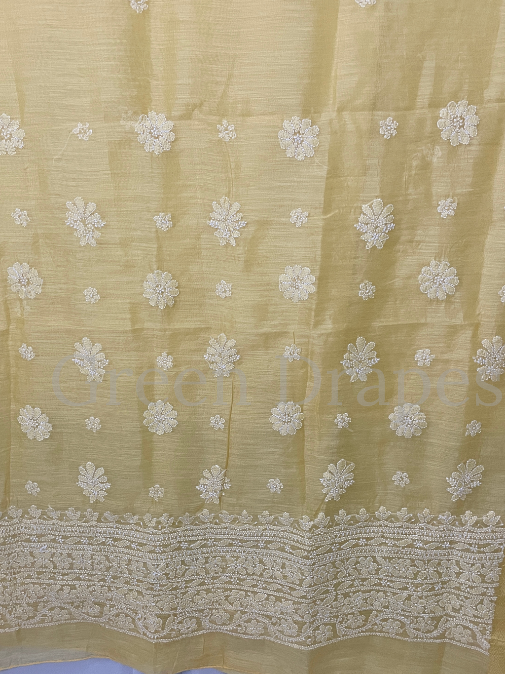 Handcrafted Pastel Yellow Chikankari Organza Saree – White Floral Buti & Heavy Embroidered Border | Lucknowi Chikan Saree