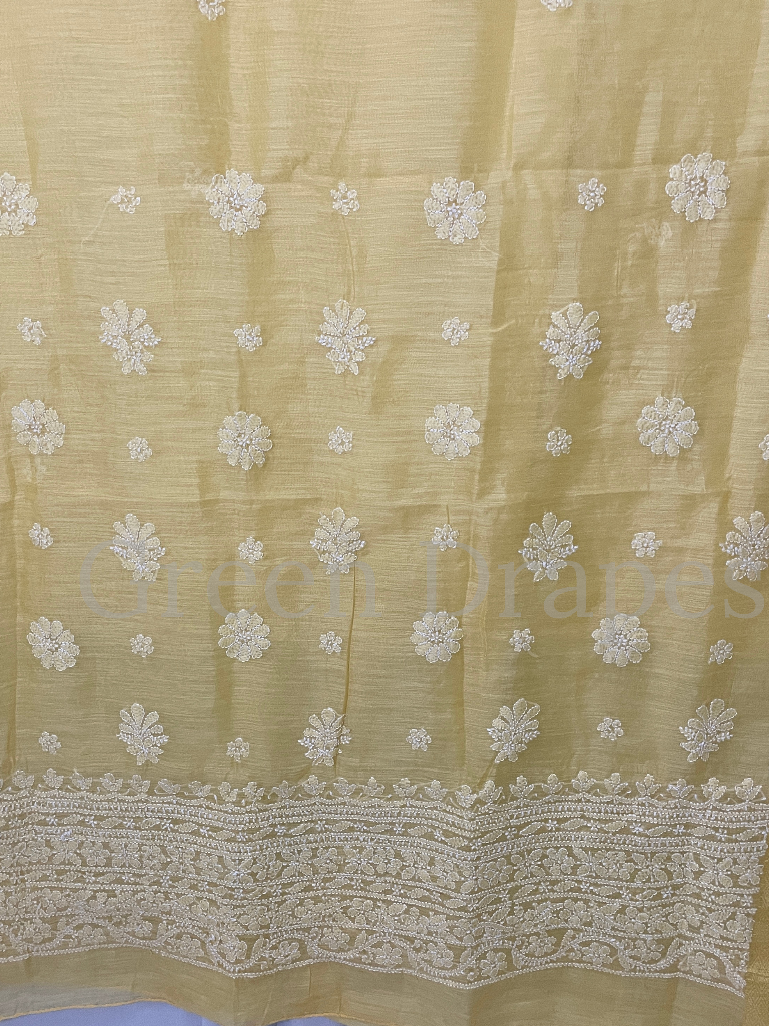 Handcrafted Pastel Yellow Chikankari Organza Saree – White Floral Buti & Heavy Embroidered Border | Lucknowi Chikan Saree