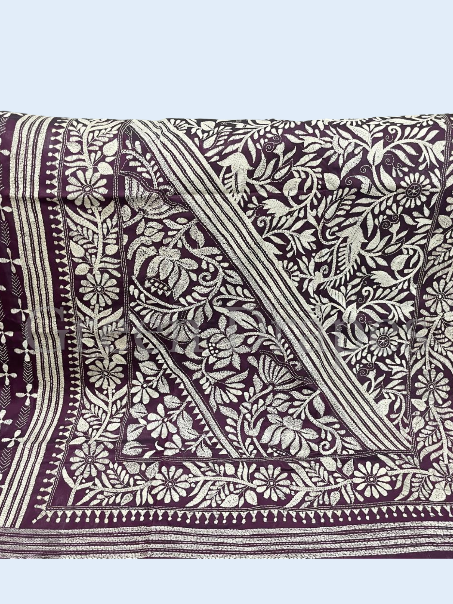 Hand Embroidered Plum Purple Kantha Stitch Silk Saree – Bengal Floral Motif Saree | Traditional Kantha Work
