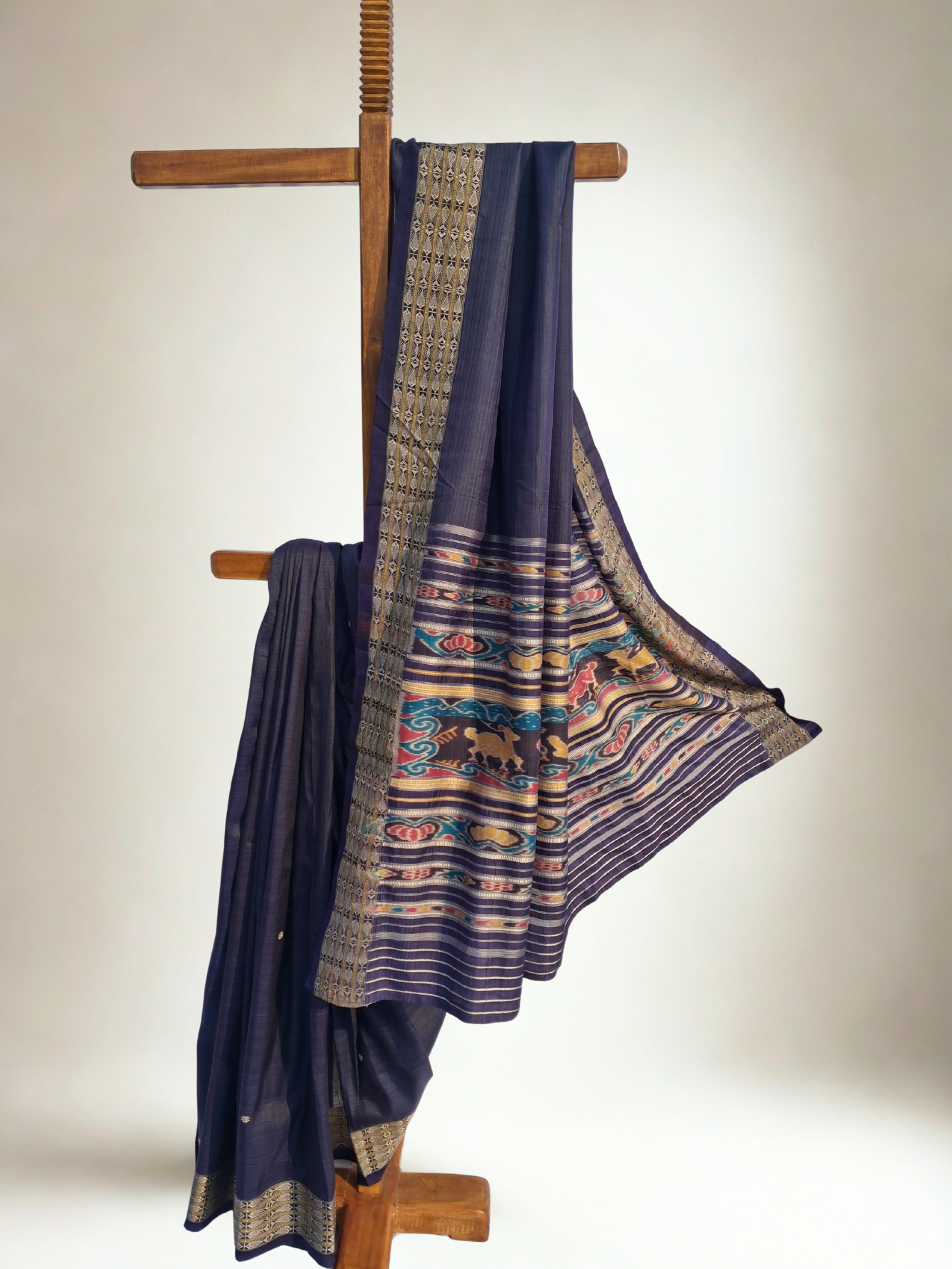 Pre-Loved Odisha Ikat Silk Saree — Ink Blue Body with Zari Border & Traditional Ikat Pallu