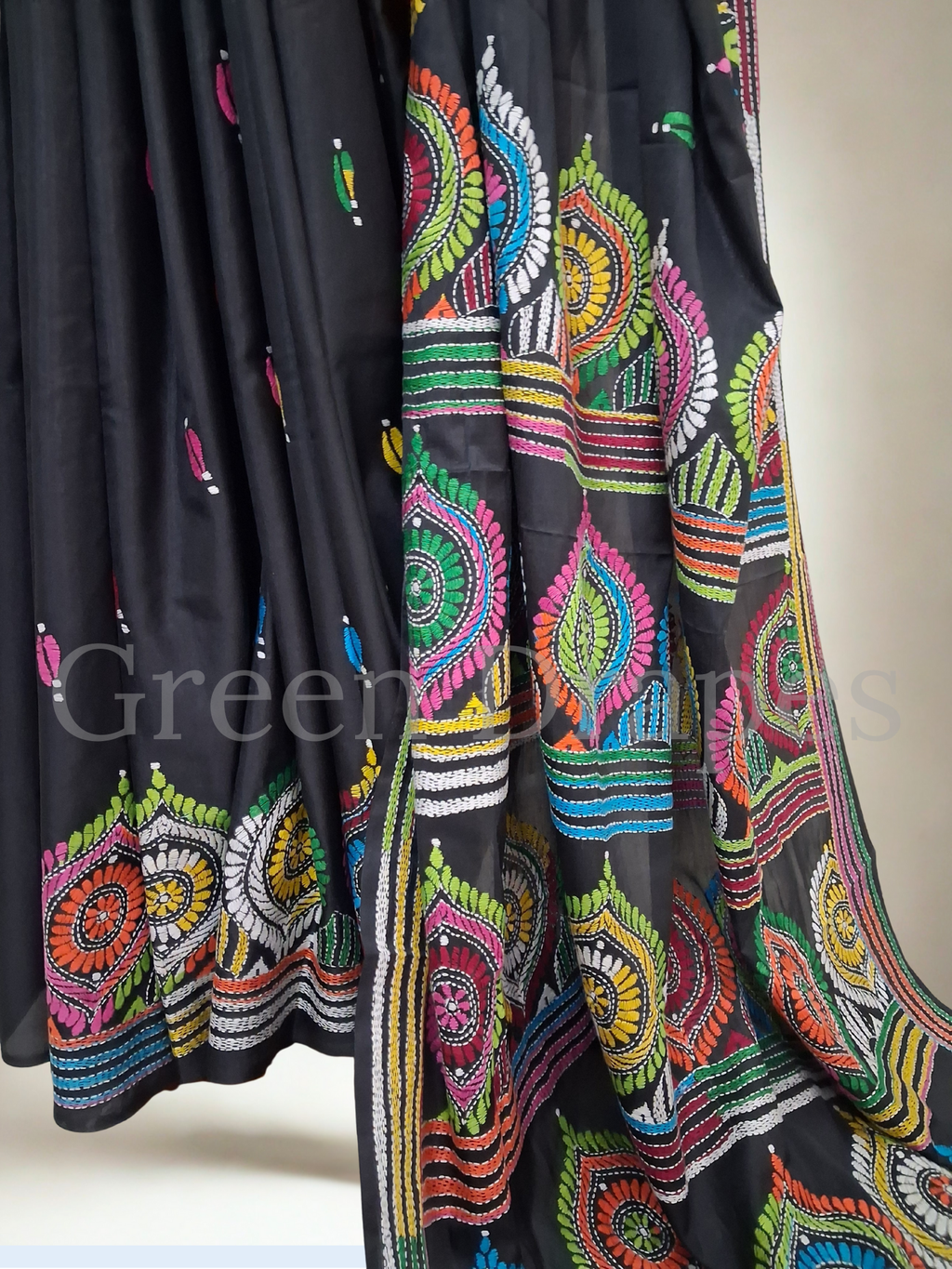 Kantha Style Multicolour Embroidered Art Silk Saree — Black Base