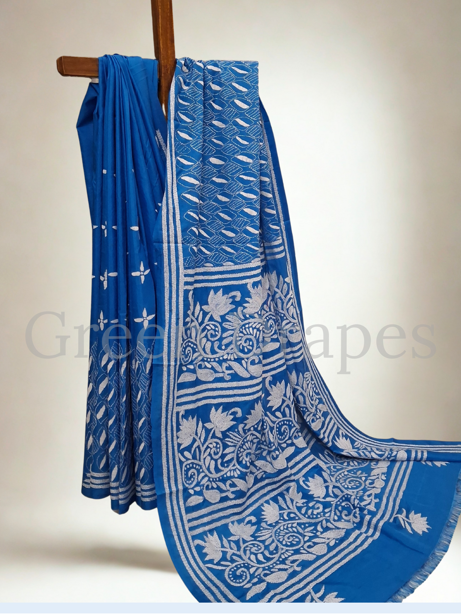 Blue Kantha Hand-Embroidered Saree (White Thread Work)