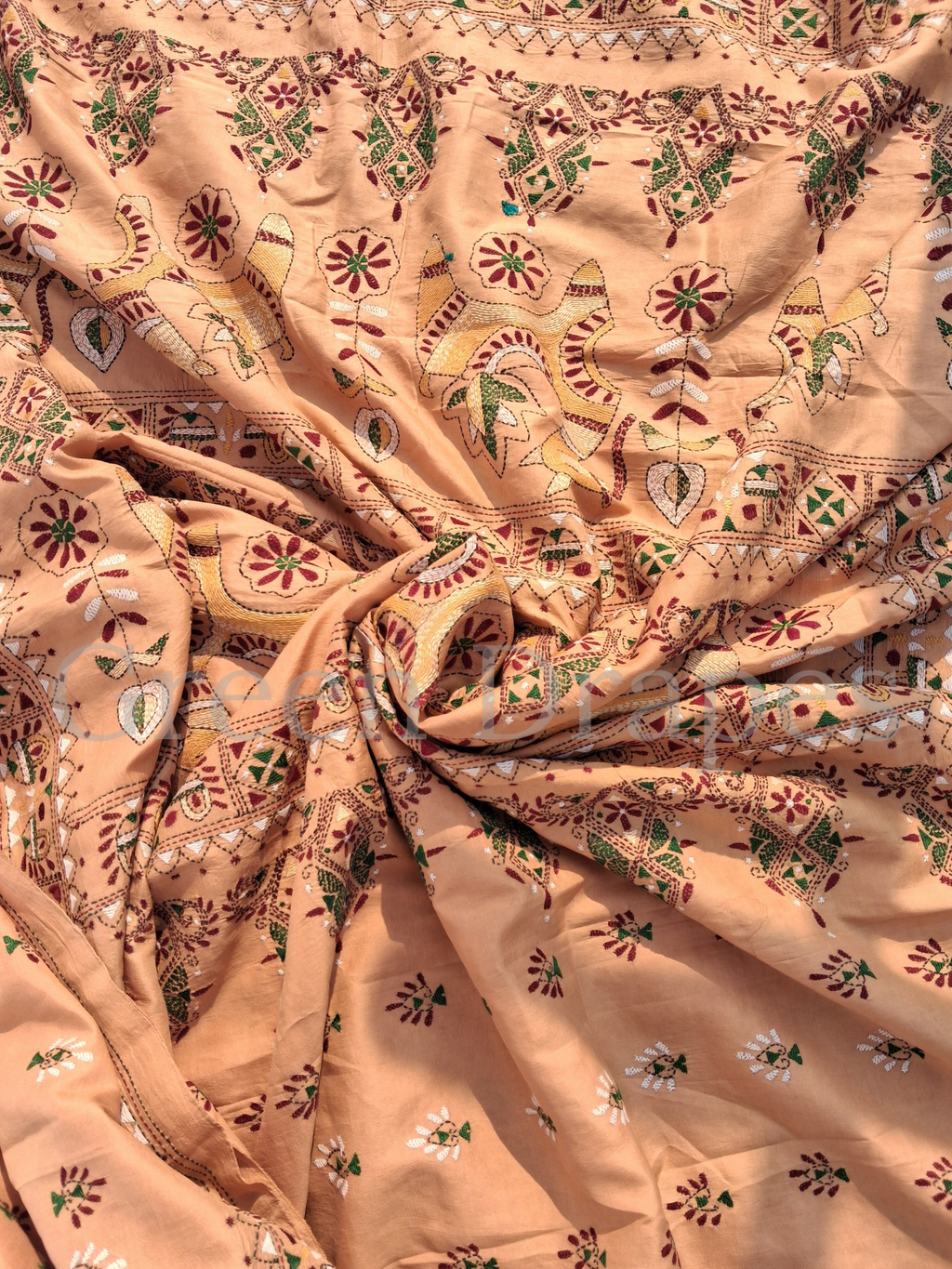 Pre-Loved Peach Kantha Hand-Embroidered Silk Saree