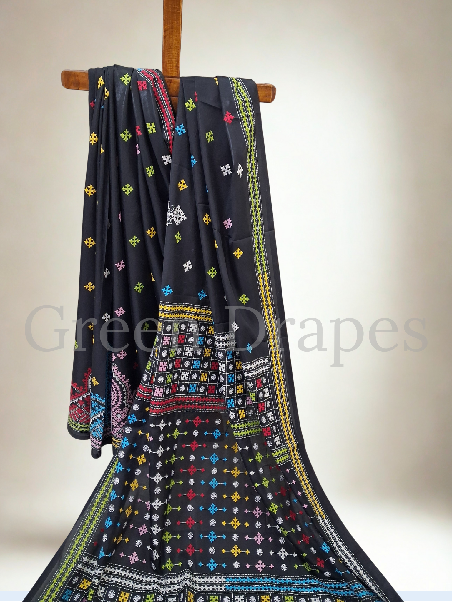 Gujarati Embroidered Blended Bangalore Silk Saree — Black Multicolour