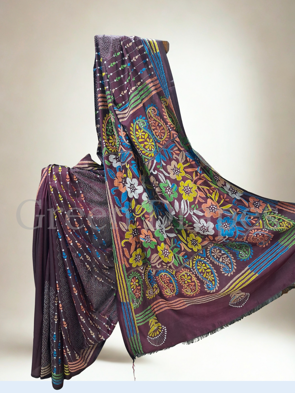 Hand-Embroidered Kantha Saree — Wine / Plum Base