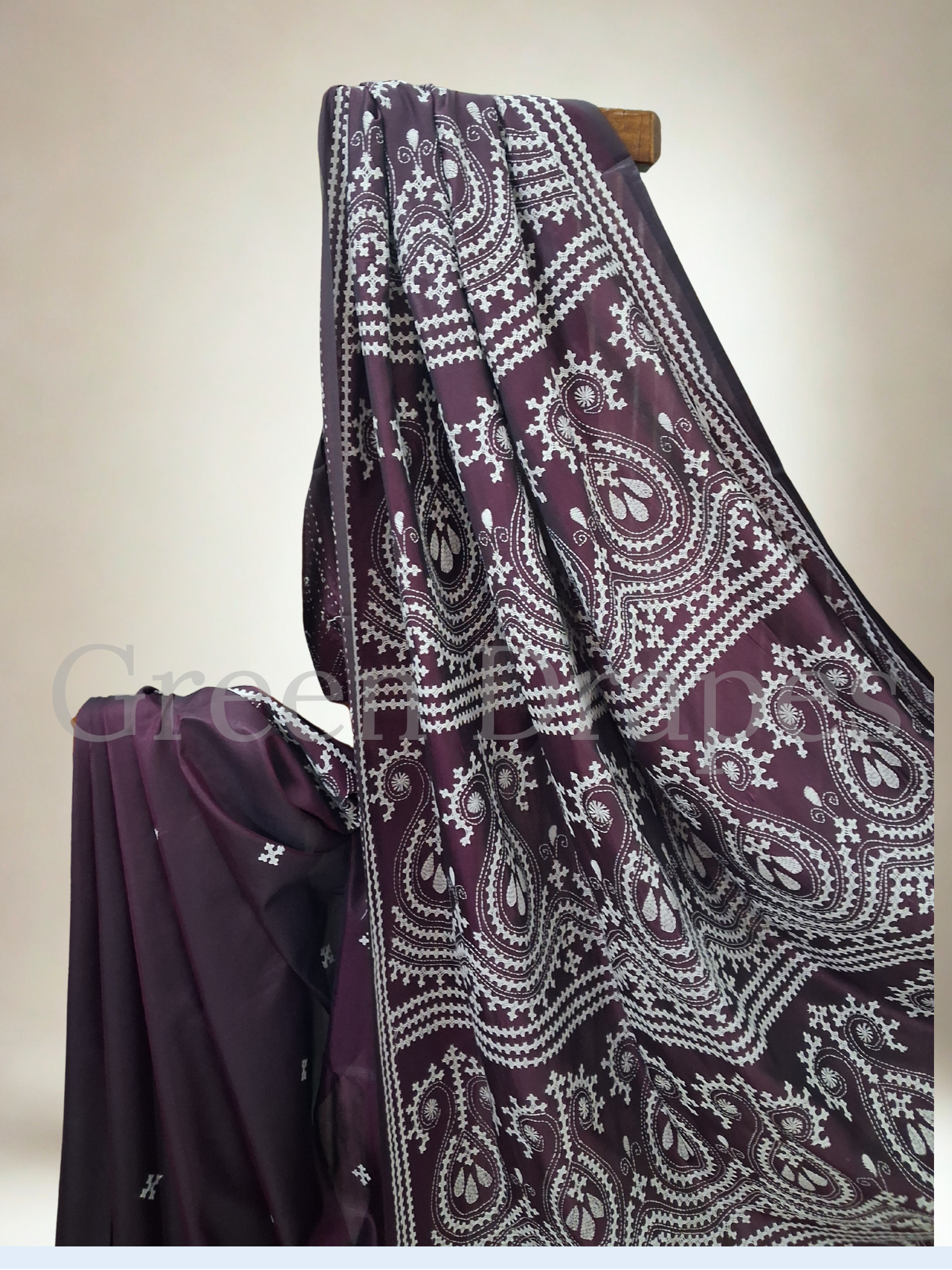 Gujarati Embroidered Blended Bangalore Silk Saree — Deep Wine Purple